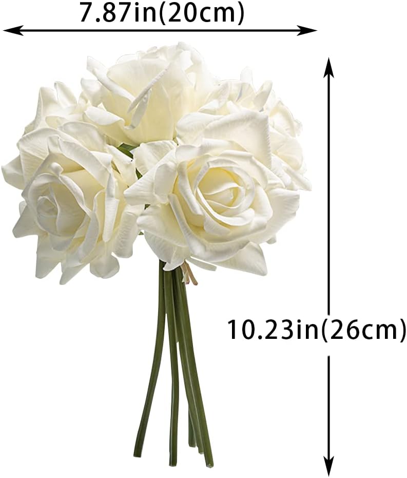 Artificial Roses Single Stem 10pcs Fake Silk Flower Arrangement Bouquet Real Touch for Home Party Wedding Decoration(White)