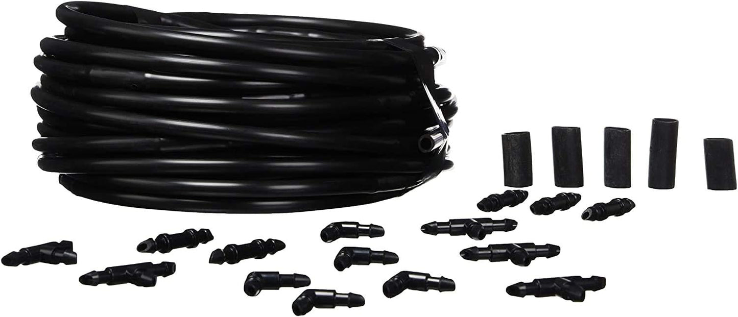 Raindrip R280DT Drip-A-Long™ 1/4 in. Dripline Kit includes 50 feet of 1/4-Inch Dripline preassembled with 1/2 GPH drippers, 5 Barbed Tees, 5 Barbed Elbows, 5 Barbed Couplings, 5 End Plugs
