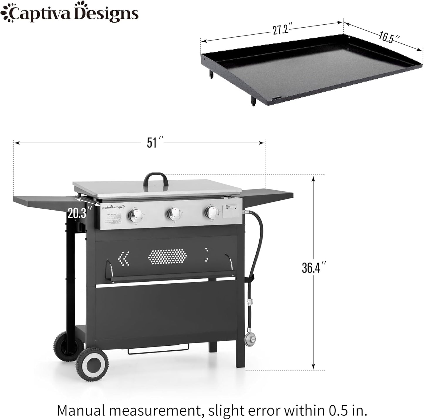 Captiva Designs 27 in Flat Top Griddle Grill with Ceramic Coated Cast Iron Pan, 3-Burner Propane Gas Griddle Grill, 33,000 BTU Output Flattop Grills for Outdoor Barbecue, Cooking and Party