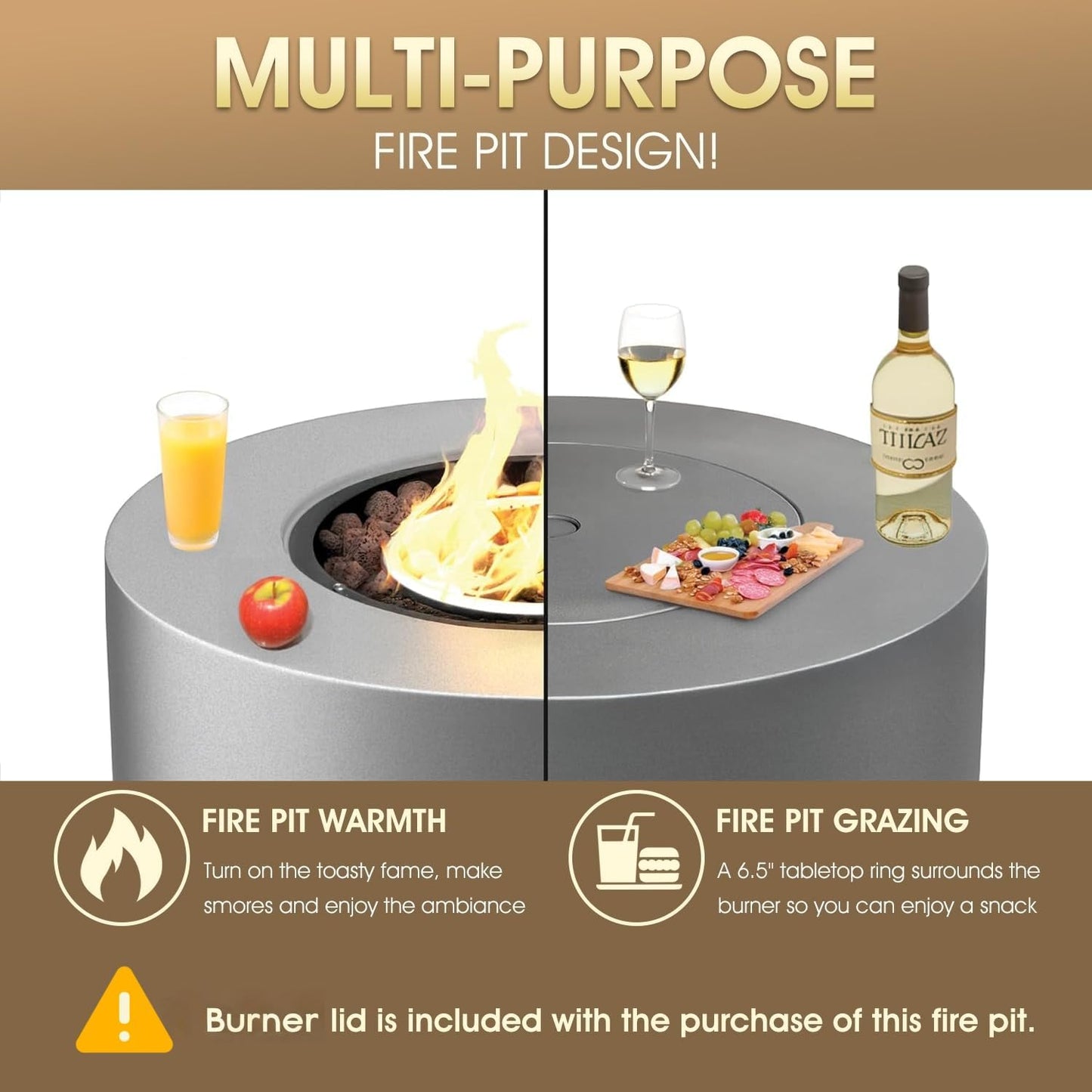 32 Inch Propane Outdoor Fire Pit Table, Round Patio Fire Table 50,000 BTU w/Lid, Lava Rocks, Weatherproof Cover, Alloy Steel Propane Fire Pit Table for Deck, Backyard and Pool, CSA Certified, Gray