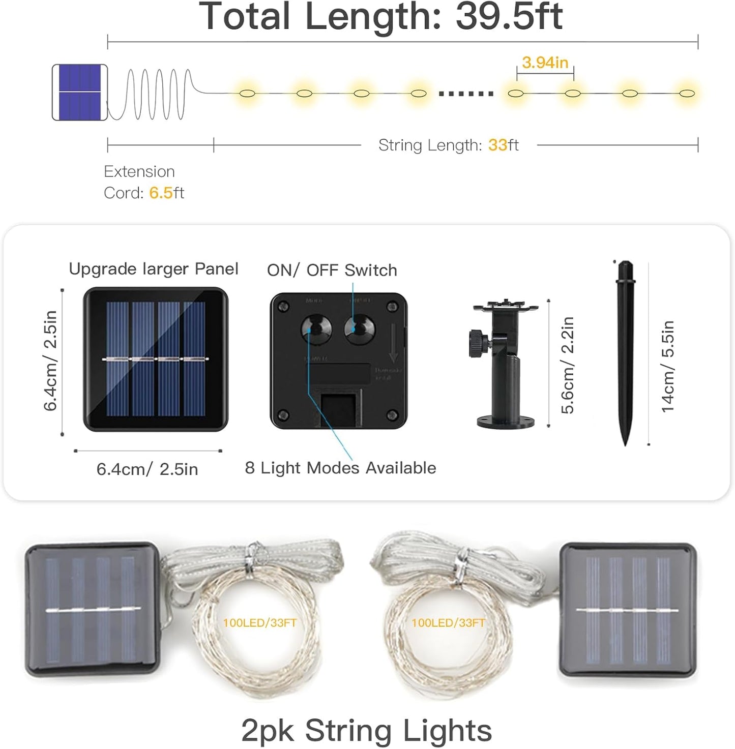 SUDDUS 2 Pack Total 66ft 200 Led Solar Fairy Lights Outdoor Waterproof, 8 Modes Twinkle Lights for Trees, Fence, Garden, Patio, Yard Decorations, Warm White