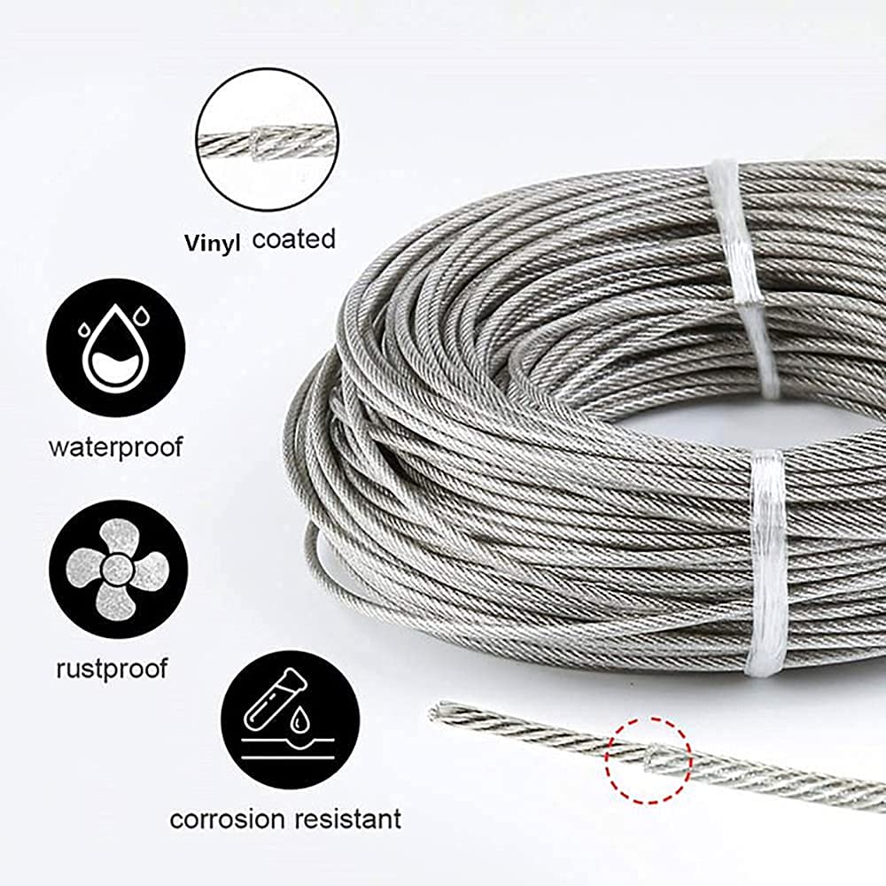 1/16 Wire Rope Kit,Vinyl Coated Aircraft Cable,7x7 Strand Core with Turnbuckles,Crimping Loop Sleeve,Cable Clip Clamp for String Light Hanging,Garden Wire,Clotheslines