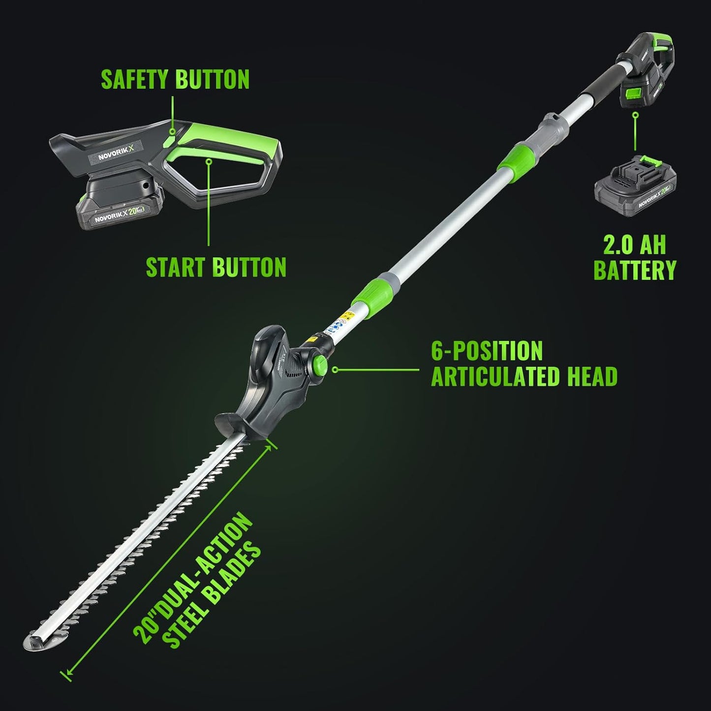 Pole Hedge Trimmer Cordless 20V with Battery Powered 20-Inch Electric Hedge Trimmers 10-FT Reach with Extension Pole Multiple Angles for Shrubs Pruning Bush Trimmer