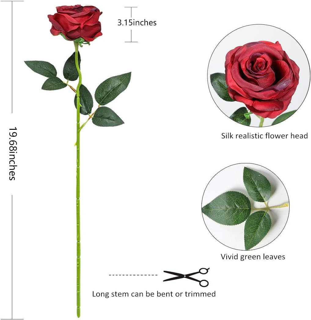 Burgundy Fake Roses Artificial Flowers - 16 Pcs Fake Artificial Roses Silk Flowers with Stems for Home Wedding Hotel Office Centerpiece Decor(Burgundy)