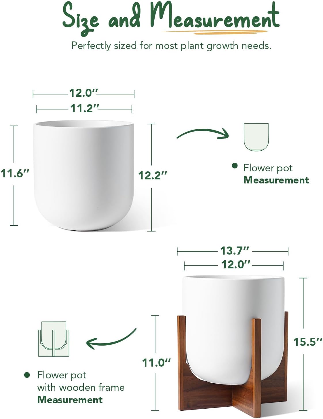 LE TAUCI 12 Inch Pots for Plants with Acacia Wood Stand, Ceramic Large Planters for Indoor Plants, Indoor Plant Pots for Office Living Room, Cylinder Pots for Plants with Drainage Hole and Plug, White