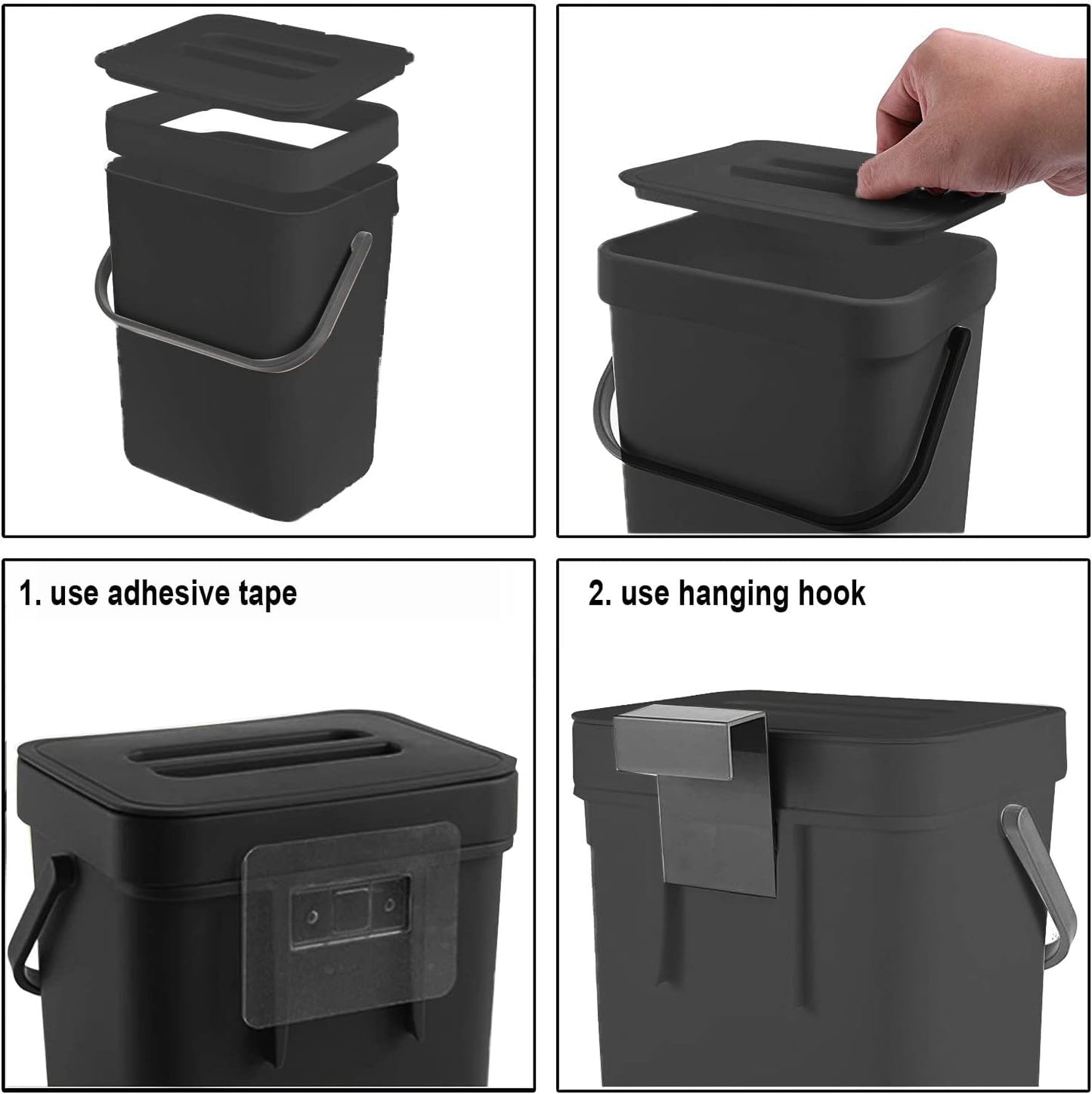 LALASTAR Countertop Compost Bin with Lid, Hanging Small Trash Can with Lid Under Sink for Kitchen, Food Waste Bin for Countertop, Mountable Garbage Can for Bathroom, RV, 5L/1.3 Gal, Black