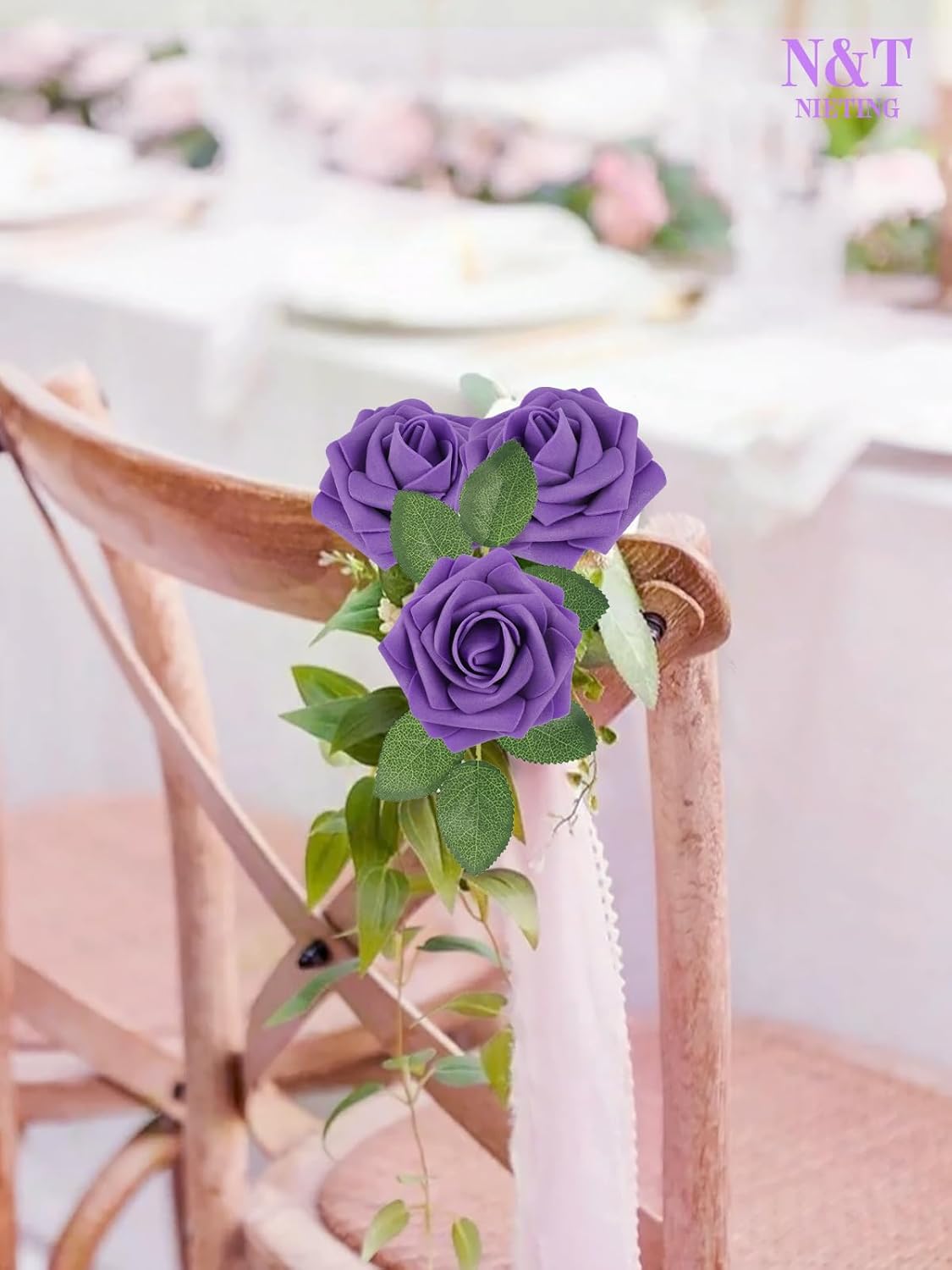 N&T NIETING Artificial Flowers Purple Roses, 25Pcs Fake Flowers Foam Roses with Stems for DIY Wedding Bridesmaid Bridal Bouquets Centerpieces Party Home Decoration Baby Shower