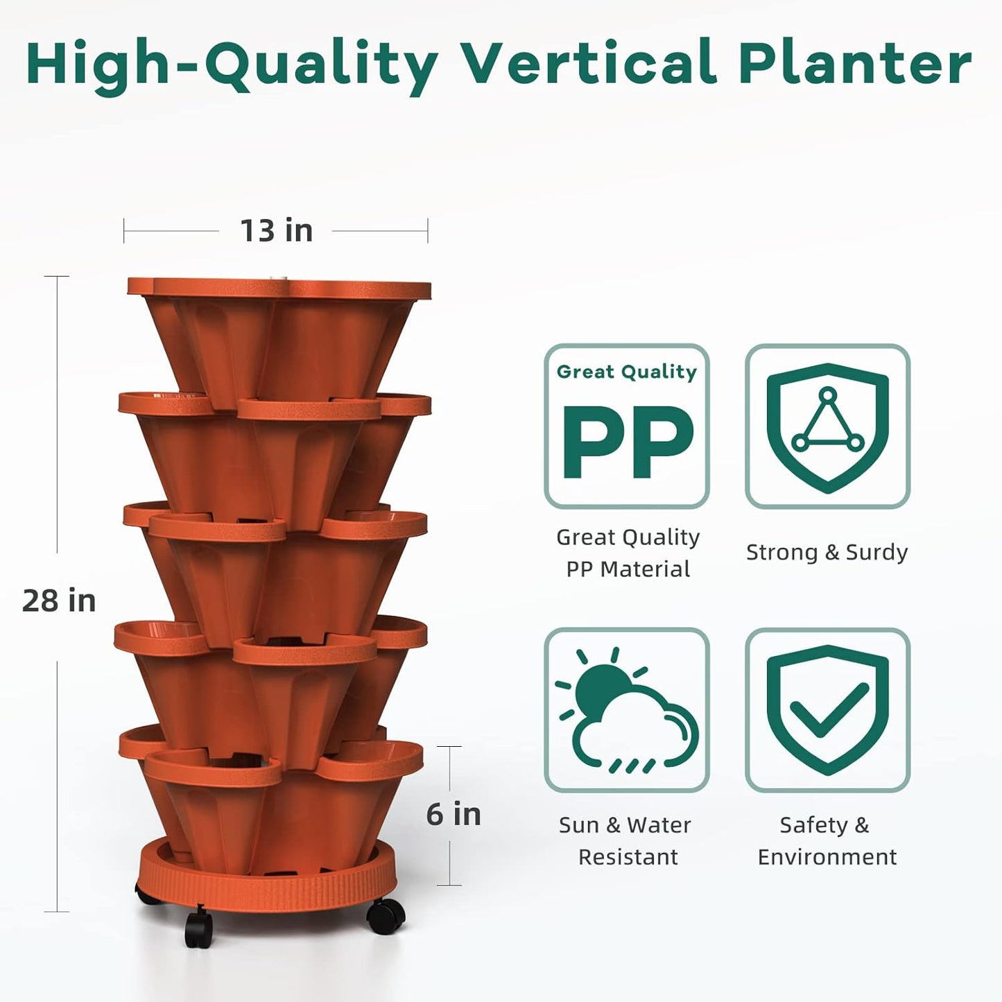 Strawberry Stackable Planter, Vertical Tower Garden, 5 Tiered Stacking Herb Vegetable Planters with Movable Casters and Bottom Saucer Indoor and Outdoor - Terra Cotta