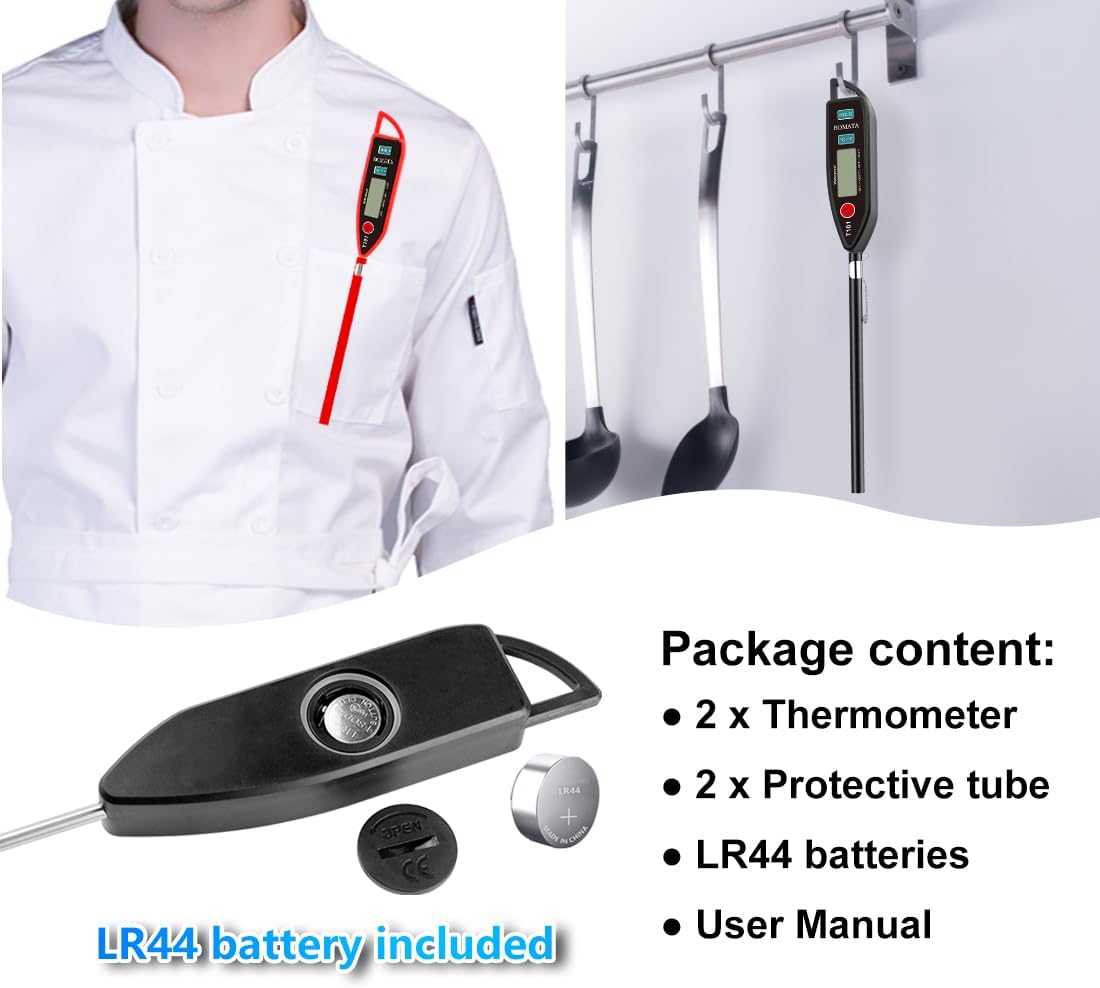 BOMATA 2 Pack Waterproof IPX7 Meat Thermometer Instant Read Food Thermometer with Long Probe for Water, Liquid, Kitchen Cooking, Grill,BBQ ! T101 X 2 Pcs (Black & Red)…