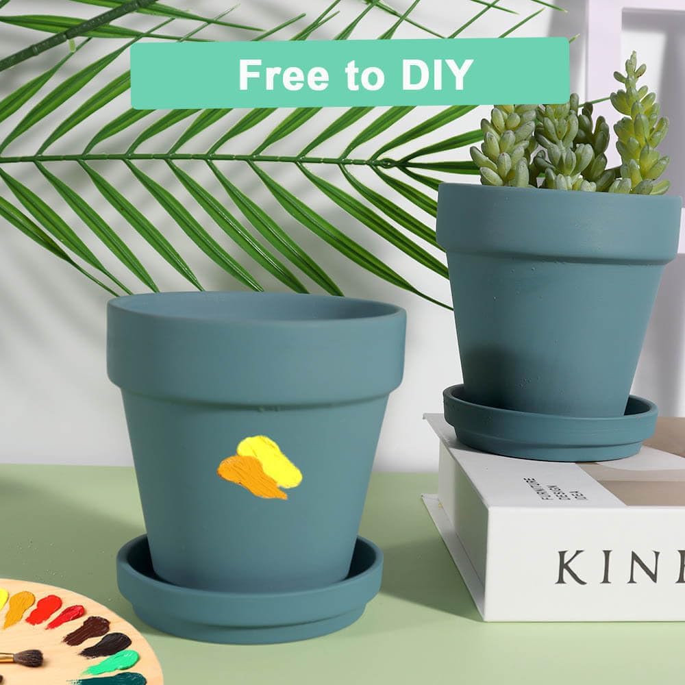 vensovo 6 Inch Steel Blue Terracotta & Clay Pots for Plant with Saucer - 4 Pack Medium Terra Cotta Planter with Drainage Hole, Flowerpot for Indoor Outdoor Plants, Crafts, Wedding Favor