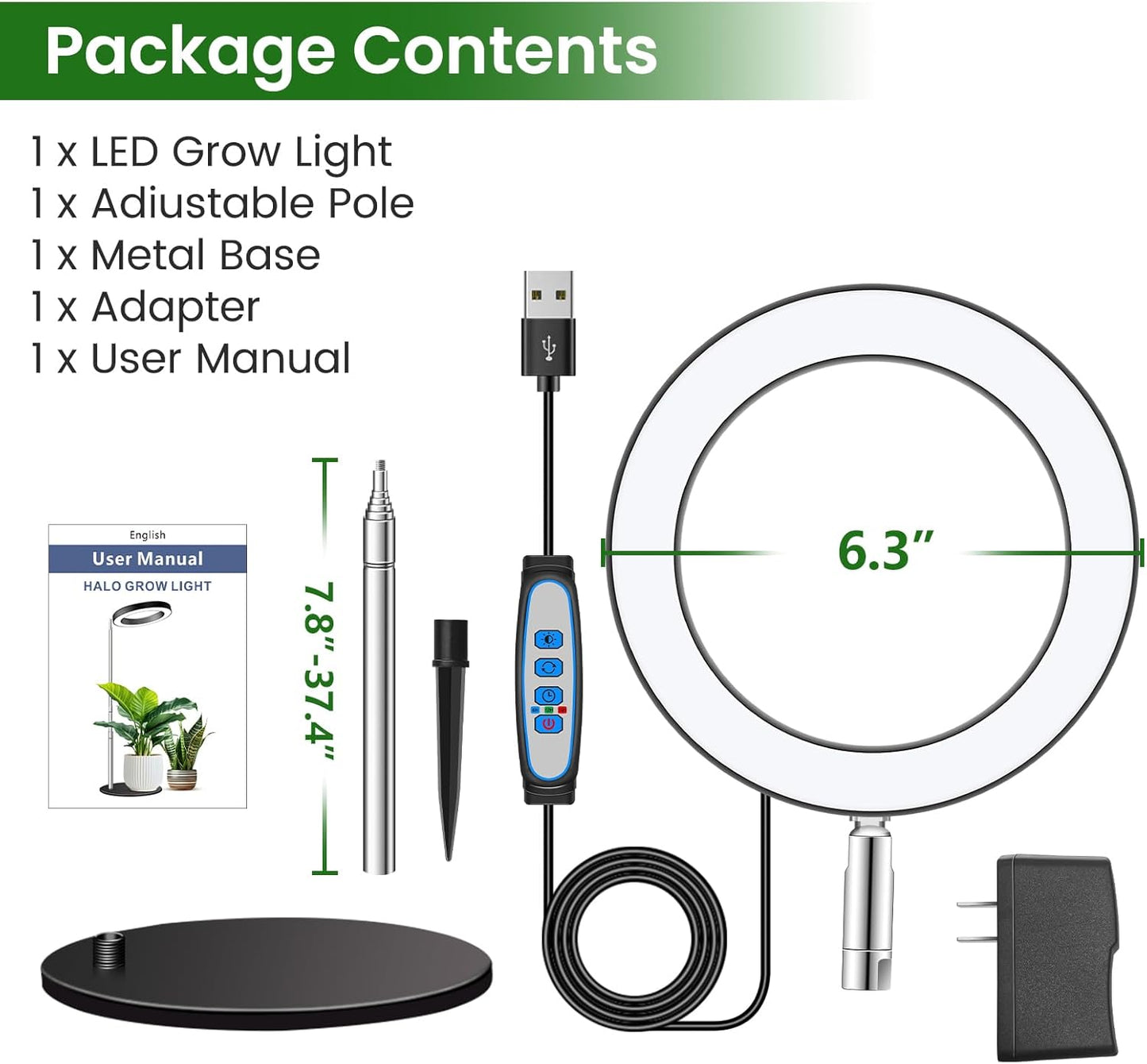 Grow Lights, Full Spectrum Plant Light for Indoor Plants, 2 in 1 Design 6.3in Desktop Growing Lamp with Auto Timer for 6/12/16Hrs,3 Optional Spectrums,5 Brightness,Height Adjustable 9.8"-37.4"