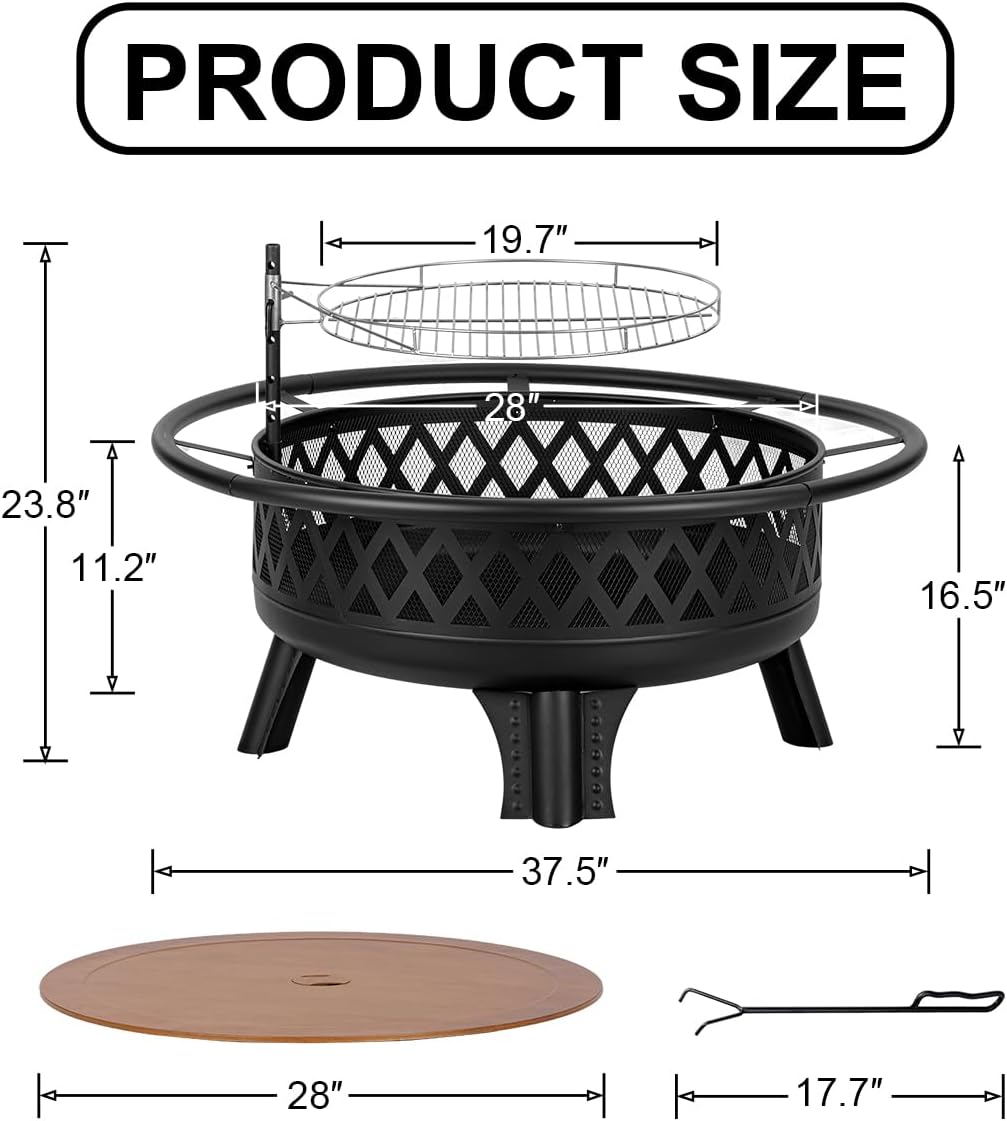 38 Inch Wood Burning Fire Pit for Outside, Round Firepit with Grill & Metal Lid, Metal Outdoor Fire Pit Table for Patio Backyard Garden Bonfire Party