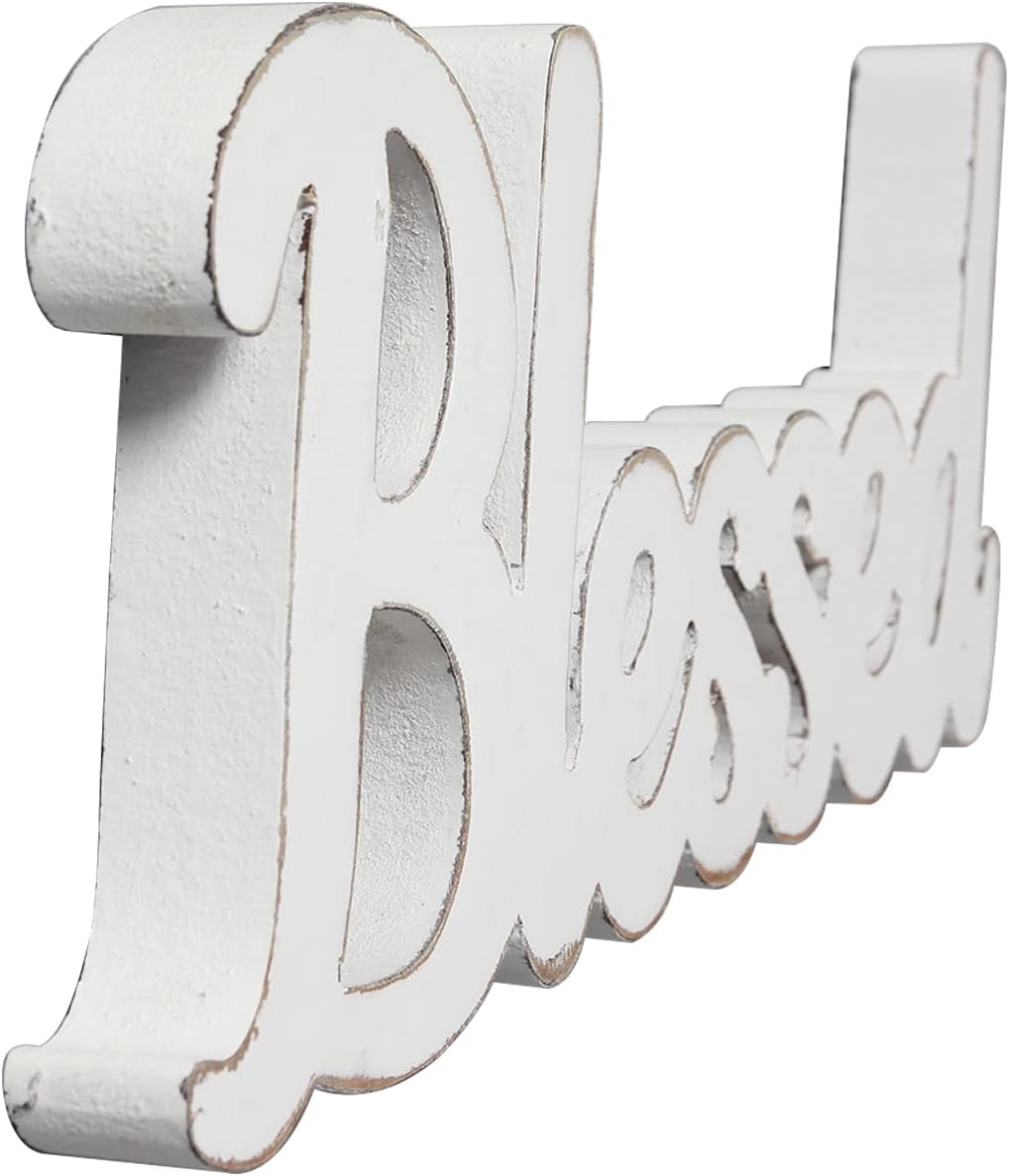 Rustic White Wooden Blessed Sign for Tabletop 15 Inch, Wall Hanging Farmhouse Blessed Signs for Home Decor, Handmade Thanksgiving Signs Decor, Christmas Signs for Living Room Entryway