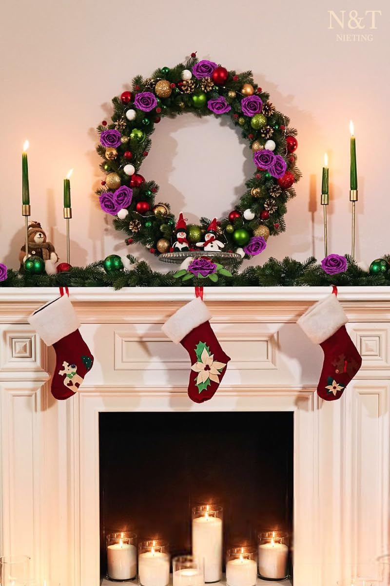 N&T NIETING Artificial Flowers Glowing Purple Flowers Foam 25pcs Glitter Roses Real Looking Fake Roses with Stem for DIY Wedding Bouquets Centerpieces Bridal Shower Party Home Decorations