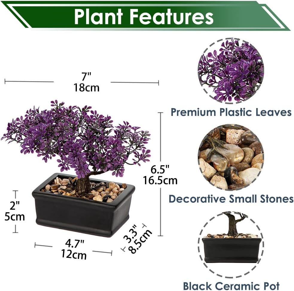 Artificial Bonsai Tree Juniper Faux Plants Indoor Fake Plants Decor with Black Ceramic Pots for Home Table Office Desk Bathroom Shelf Bedroom Living Room Farmhouse Decorations-Purple