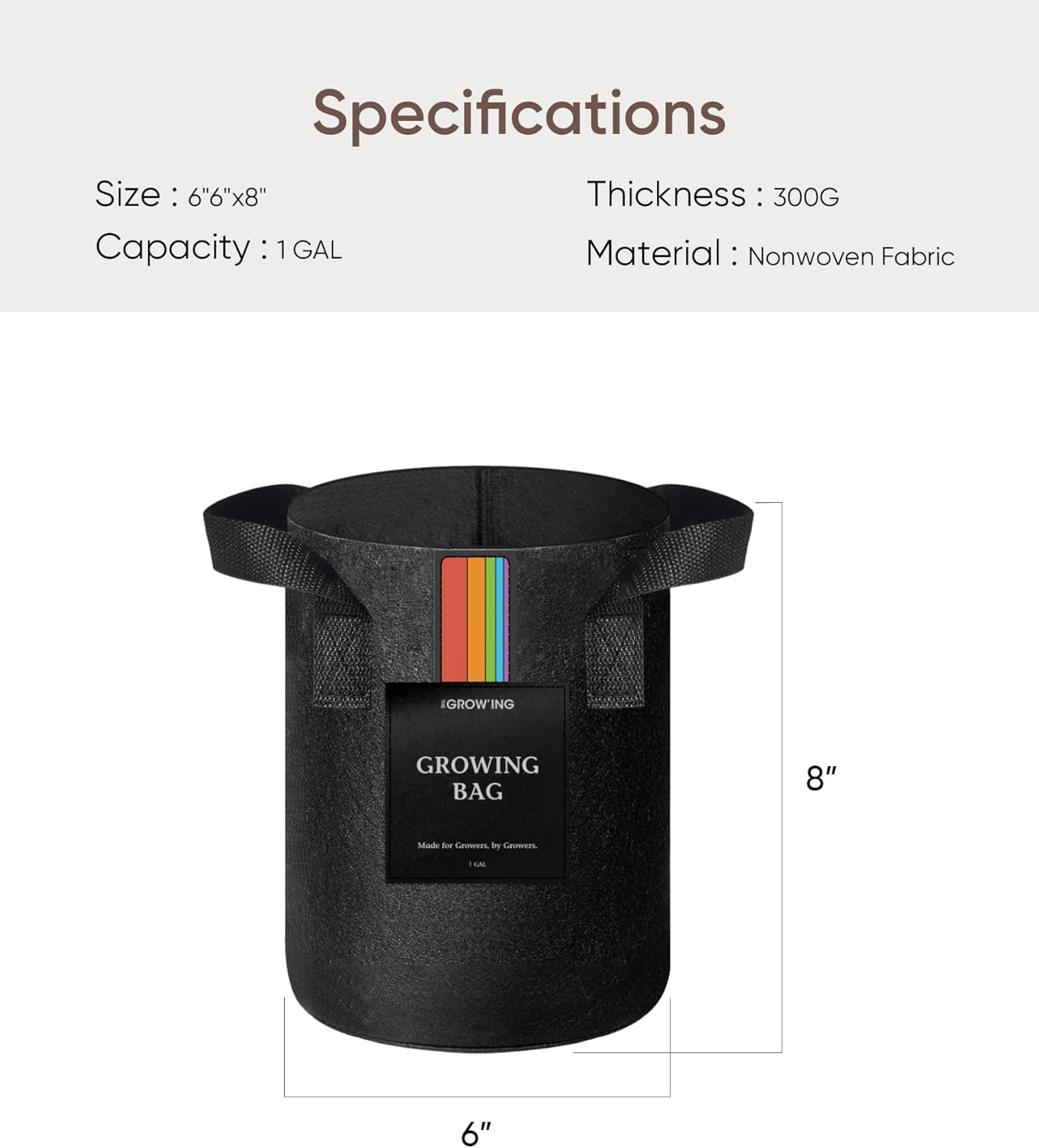 The Growing 5 Pack 1 Gallon Fabric Grow Bags,Thickened Aeration Nonwoven Fabric Plant Pots with Durable Handles,Heavy Duty 300G Planter Pot for Tomato, Fruits, Vegetables and Flowers, Black