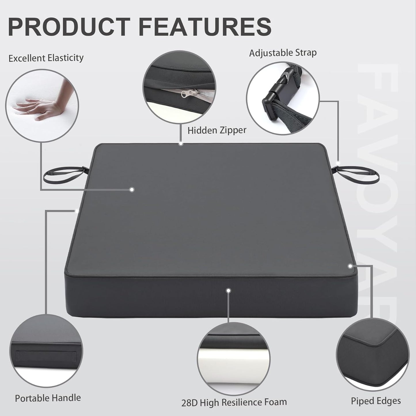 Favoyard Patio Chair Cushions 20 x 20 x 3 Inch Waterproof Outdoor Seat Cushions for Patio Furniture 3-Year Color Fastness Garden Sofa Couch Pads with Handle & Adjustable Straps Set of 2, Dark Grey