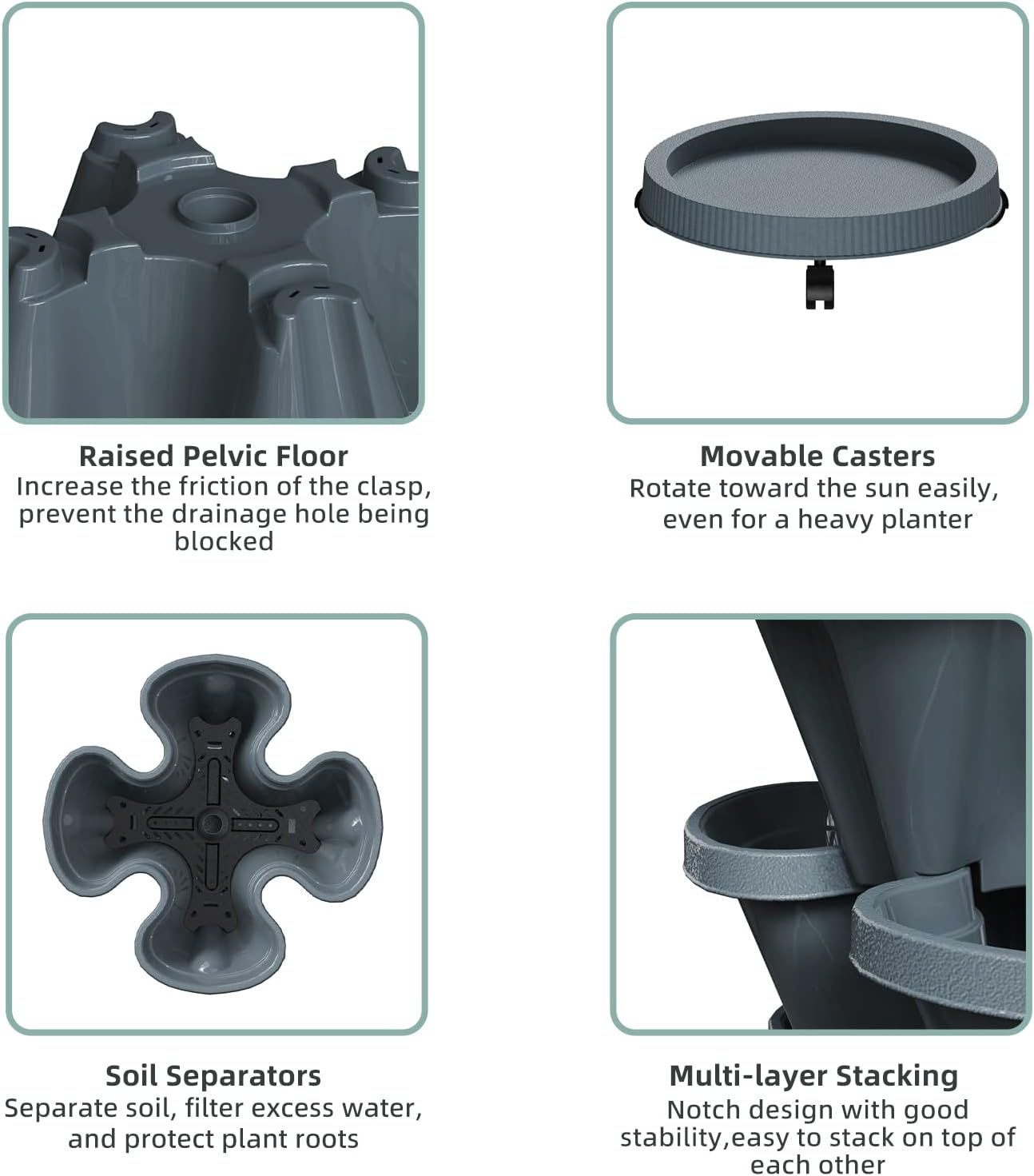 Strawberry Vertical Planter Tower Garden, 7 Tiered Stackable Planter Herb Garden Planter with Movable Casters and Bottom Saucer Indoor and Outdoor - Dark Grey