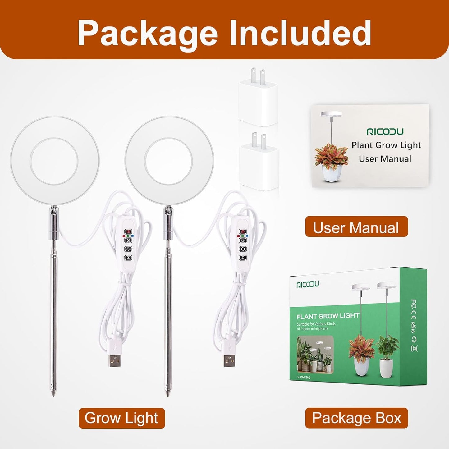 Grow Lights for Indoor Plants Small Potted - Full Spectrum, Auto 3/9/12H Timer, 10-Level Dimming & Adjustable Height - Compact Grow Light for Succulents, Herbs, Foliage in Home/Office (White,2PACKS)