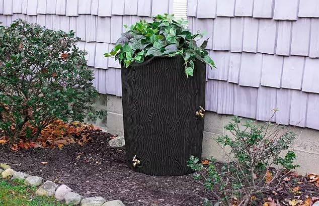 Impressions Bark 50-Gallon Rain Barrel, Wood Grain Design, Decorative Water Collection Tank (Black)