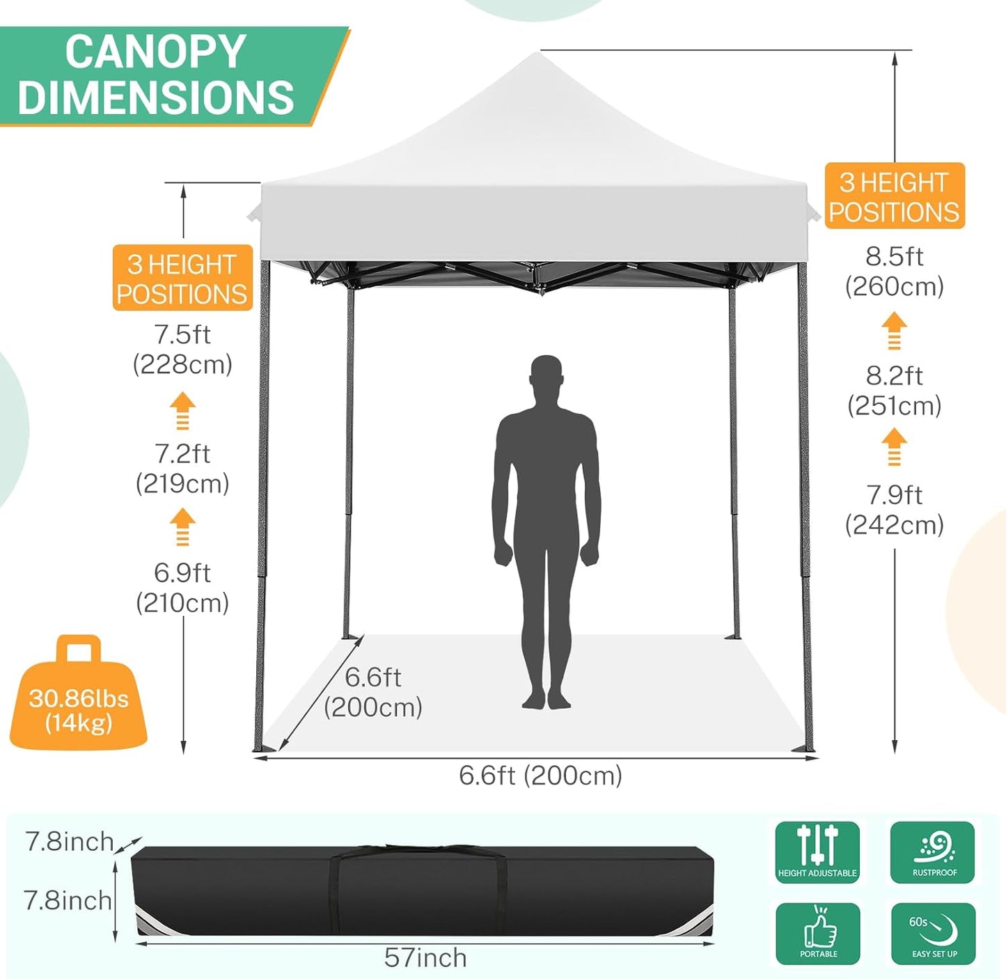 COBIZI 6.6x6.6 Pop up Canopy Tent Heavy Duty Without Sidewalls, Easy Set-up Commercial Outdoor Party Tent, 100% Waterproof Wedding Gazebo, 3 Height Adjustable with Carry Bag, White