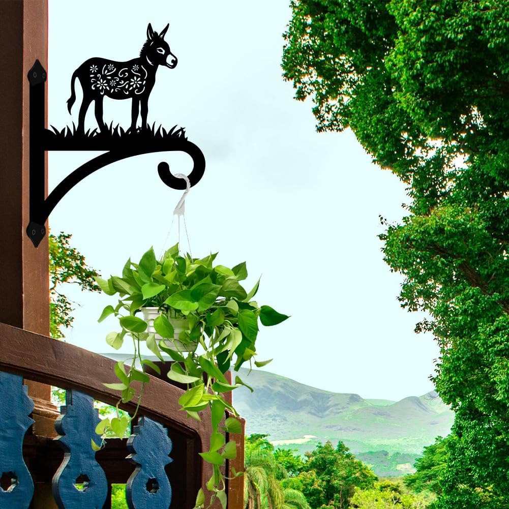 peacoblue Iron Plant Hangers Hooks for Outdoor Indoor Hanging Plants Flower Fern Pots Lantern Bird Feeder Wind Chime,12"x15.7" Weather Resistant Metal Wall Holder for Porch Garden Farmhouse(Donkey)