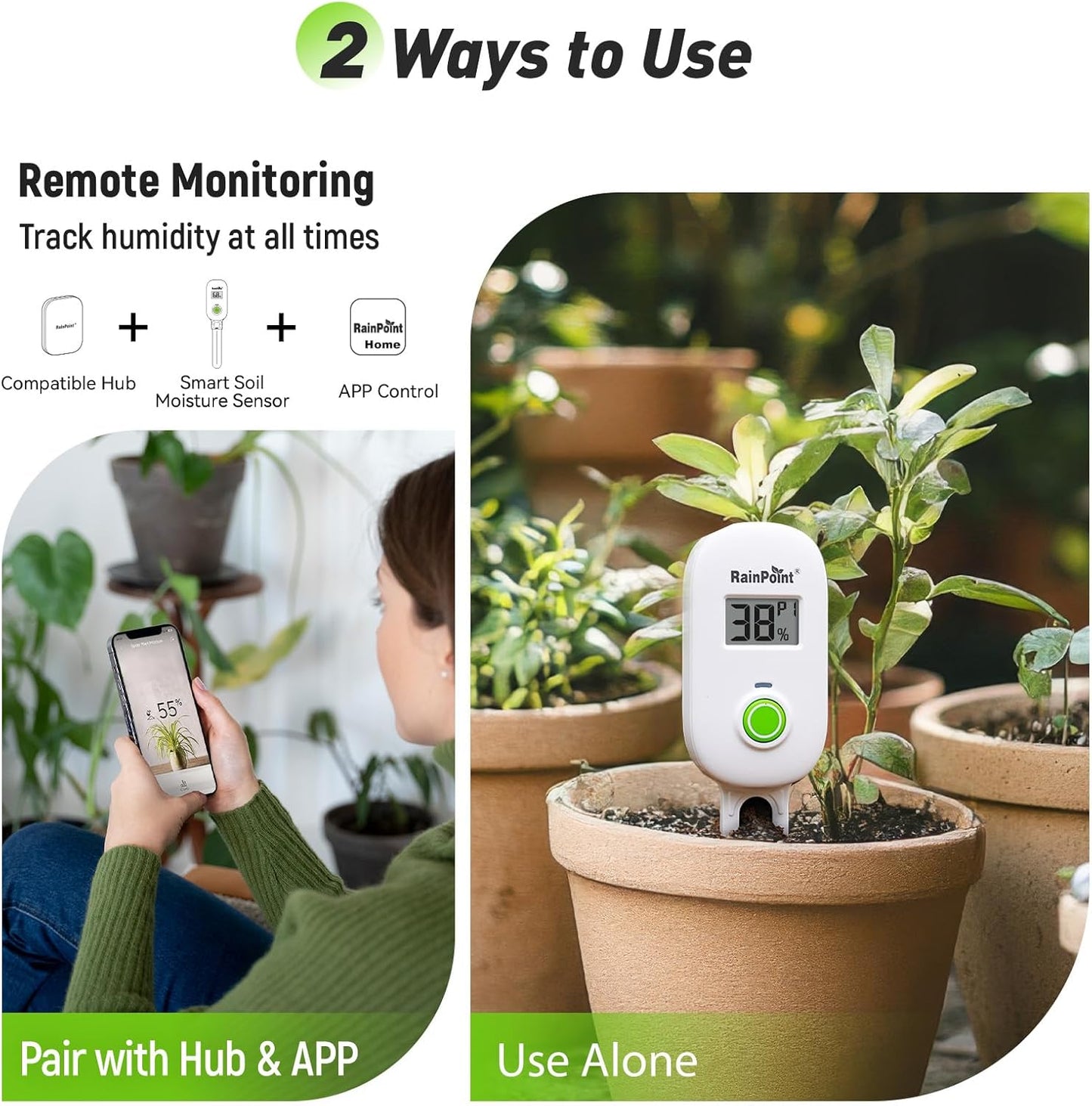 RAINPOINT Smart Digital Wireless Plant Moisture Meter Houseplant Indoor,WiFi Hub Needed,Capacitive Probe,Leave-in Soil Hygrometer Sensor,Real-time Monitor Humidity Tester Outdoor Gardening