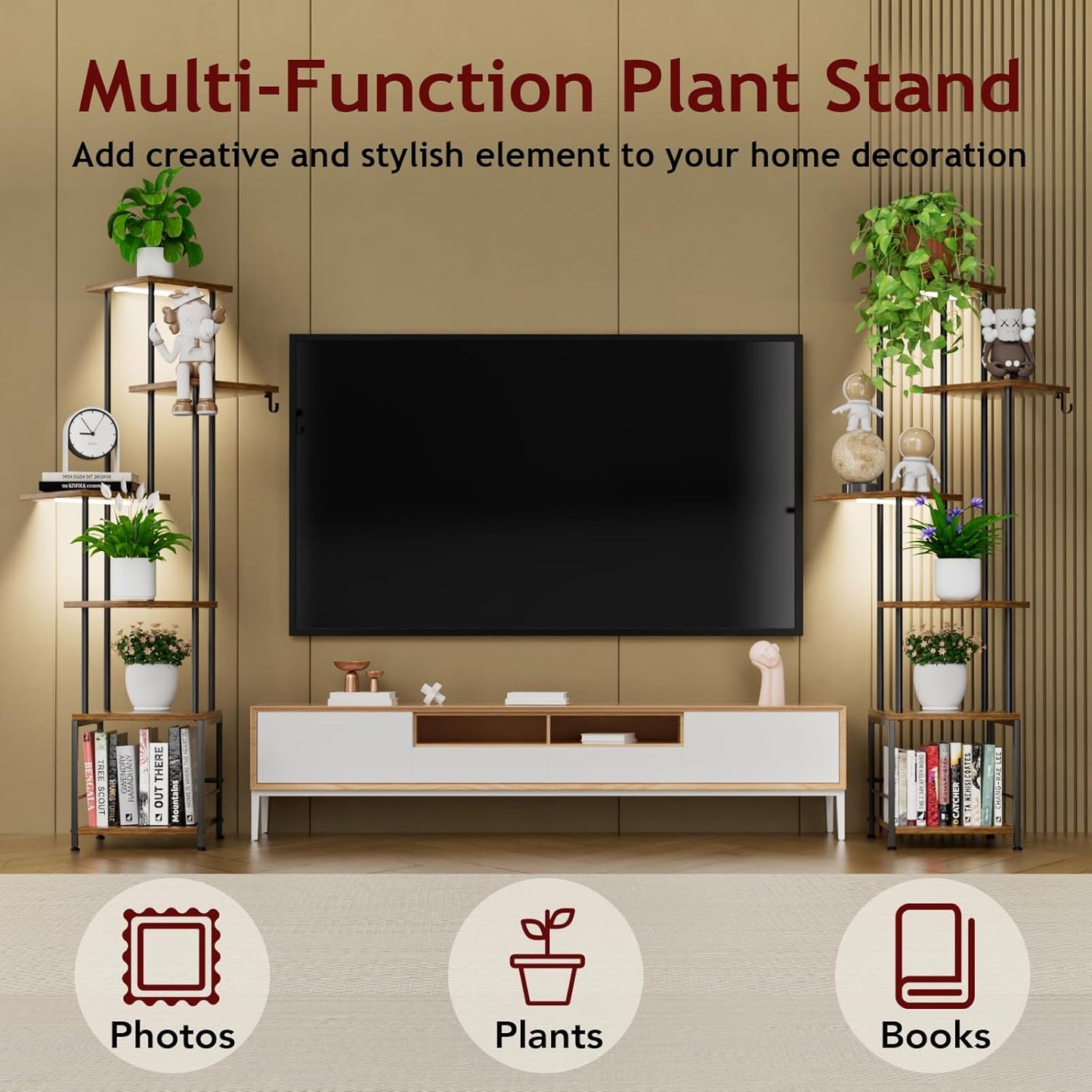 Plant Stand Indoor with Grow Light, 6-Tiered Tall Plant Stand Indoor, Metal Plant Shelf with Hanging Basket Hook and Adjustable Light, Ideal for Living Room, Garden, Patio, (Brown and Black)
