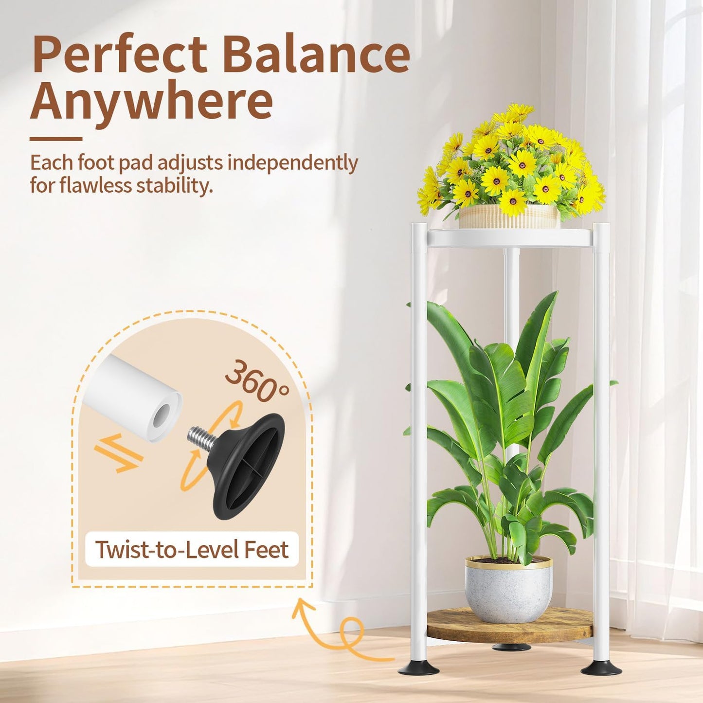 LASZOLA 2 Tier White Plant Stand Indoor for Large Tall Heavy Duty Flower Planter, Metal Vertical Multi Level Rack for Narrow Floor Corner, Sturdy Round Holder Organizer, Modern, Mid Century, Farmhouse