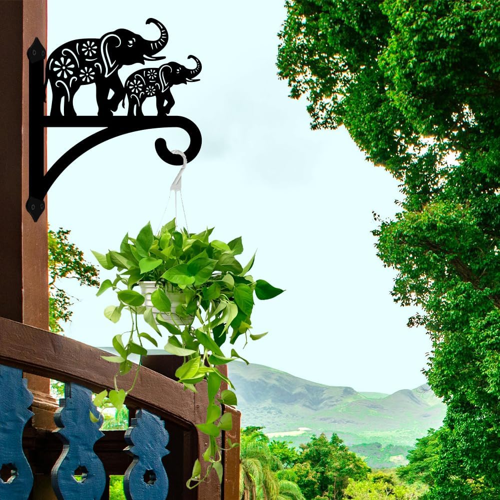 peacoblue Iron Plant Hangers Holder for Outdoor Indoor Hanging Plants Flower Fern Pots Lantern Bird Feeder Wind Chimes, 12โx14โ Weather Resistant Metal Wall Hooks for Porch Garden Farmhouse(Elephant)