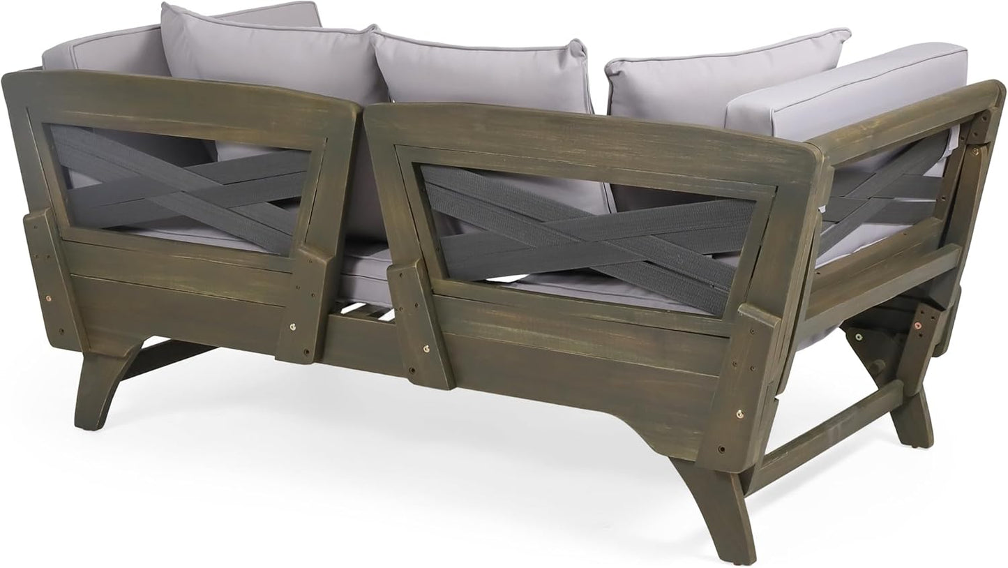 Outdoor Adjustable Patio Wooden Serene Daybed Sofa Chaise Lounge with Cushions for Small Places, Sleeper Chair with Armrest for Backyard, Poolside (Grey)