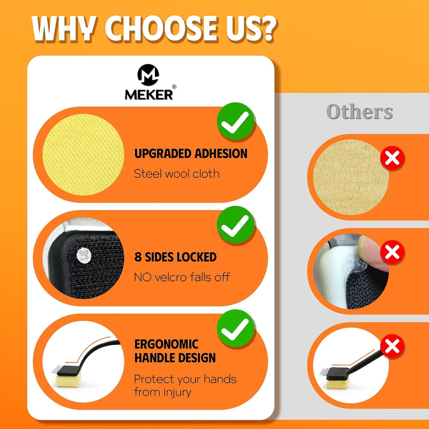 MEKER Grill Brush Bristle Free, Grill Cleaner Brush with 3 BBQ Replacement Head, Seamless Scraper Tool for Cast Iron, Stainless Steel Grates, Safe Grill Scraper Outdoor BBQ Grill, Black