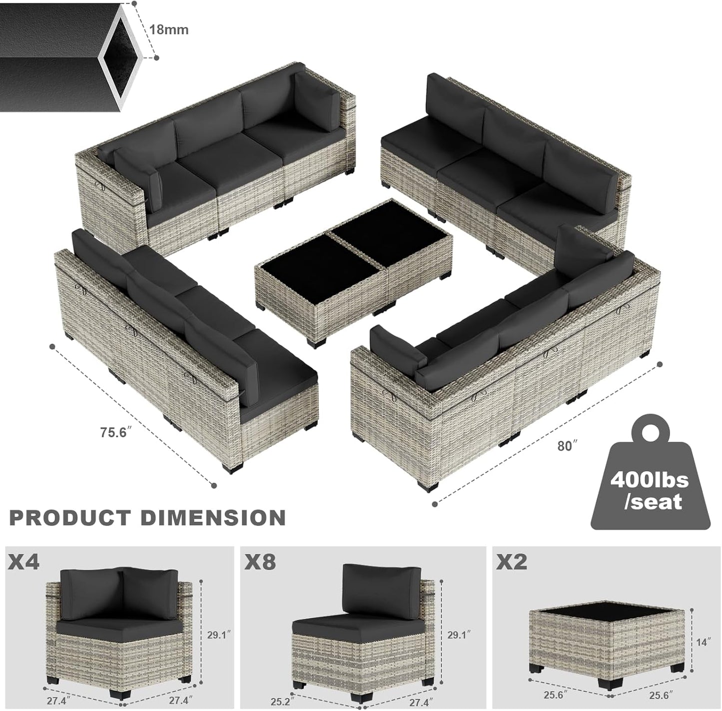 14-Piece Patio Furniture Set, Outdoor Sectional with Thick Cushions, Modular Patio Sofa, Dual-Strand Wicker Rattan, Rust-Resistant Frame, Backyard Furniture for Garden, Deck, Black