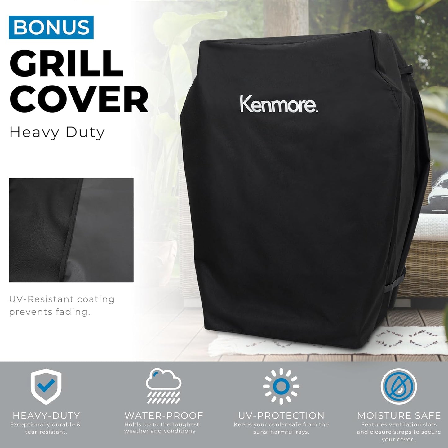 Kenmore 3-Burner Propane BBQ Grill, 30,000 BTUs Gas Grill with Cast Iron Cooking Grates, Folding Side Tables & Wheels, Outdoor Grill with Tool Hooks, Black + Bonus Cover