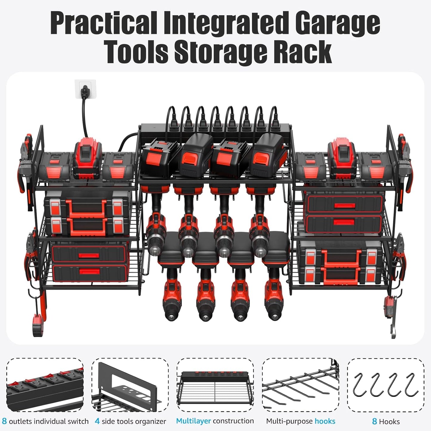 CCCEI Black Power Tool Organizer Wall Mount, Large Tools and Battery Storage Rack Charging Station Individual Switches. Drills Holder, Garage Utility Shelves with 10FT Power Strip. Gift for Men.