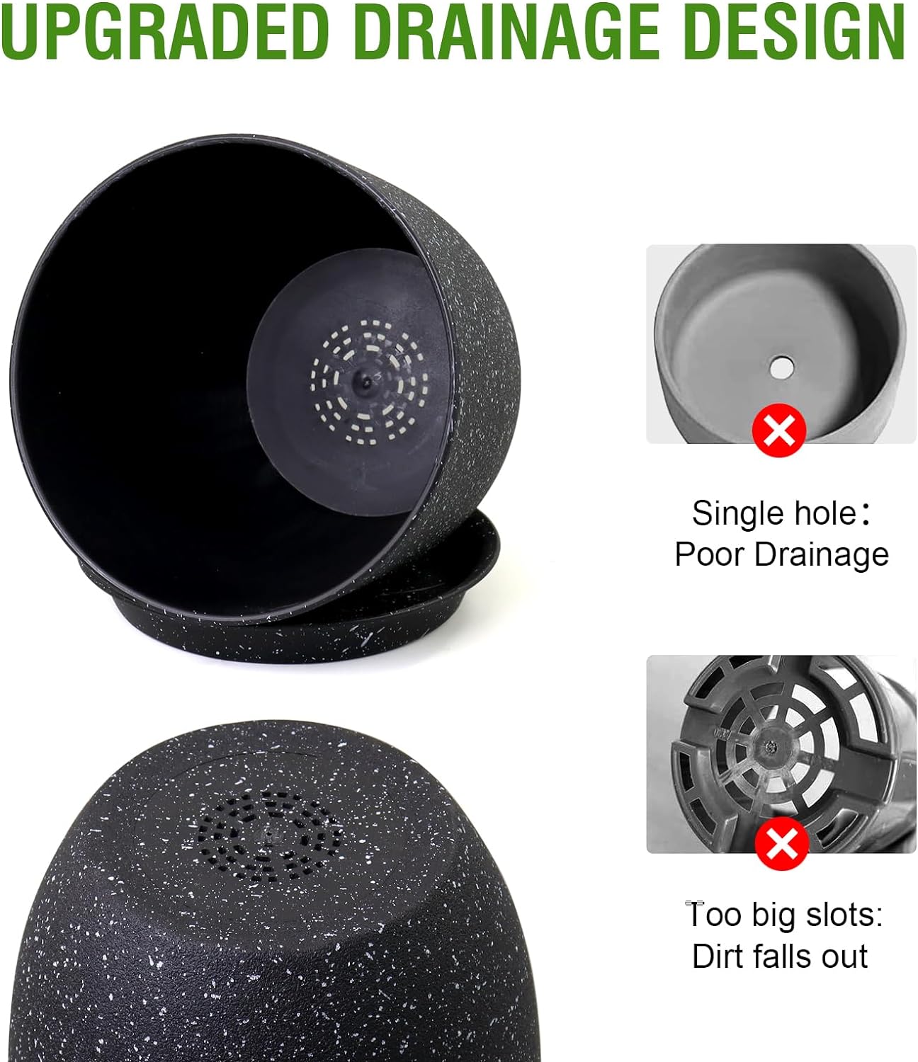 9/8/7.5 inch Plant Pots, Set of 3 Modern Decorative Plastic Planters with Drainage Holes and Saucer for Garden House Plants, Flower Pots for Indoor Outdoor Plants, Speckled Black