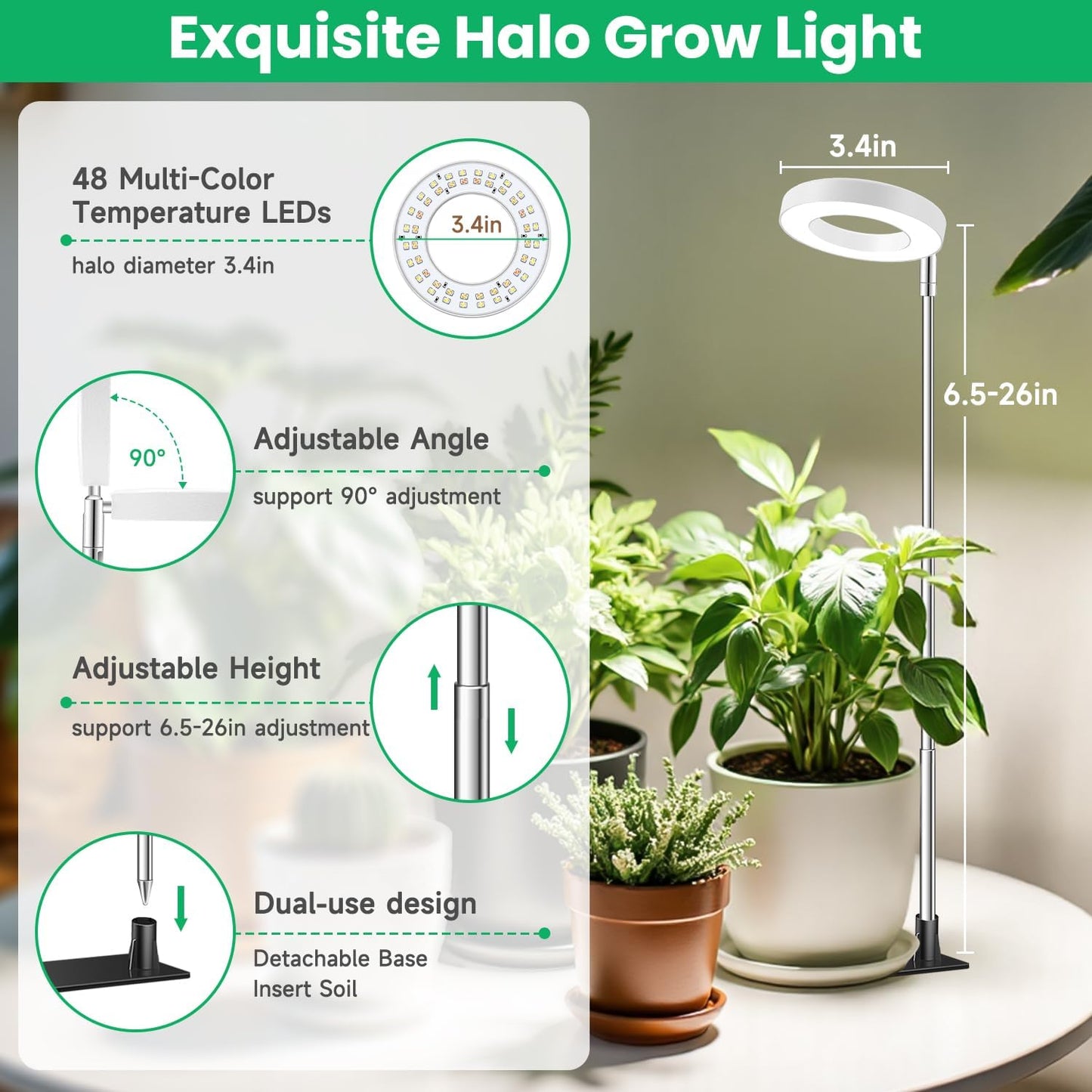 Grow Light, Full Spectrum Plant Lights for Indoor Growing with with 3/9/12H Timer, 3 Color Modes, 10 Brightness, 6.5"-26" Height Adjustable Halo Grow Light with Base, 3 Pack(3.4in)