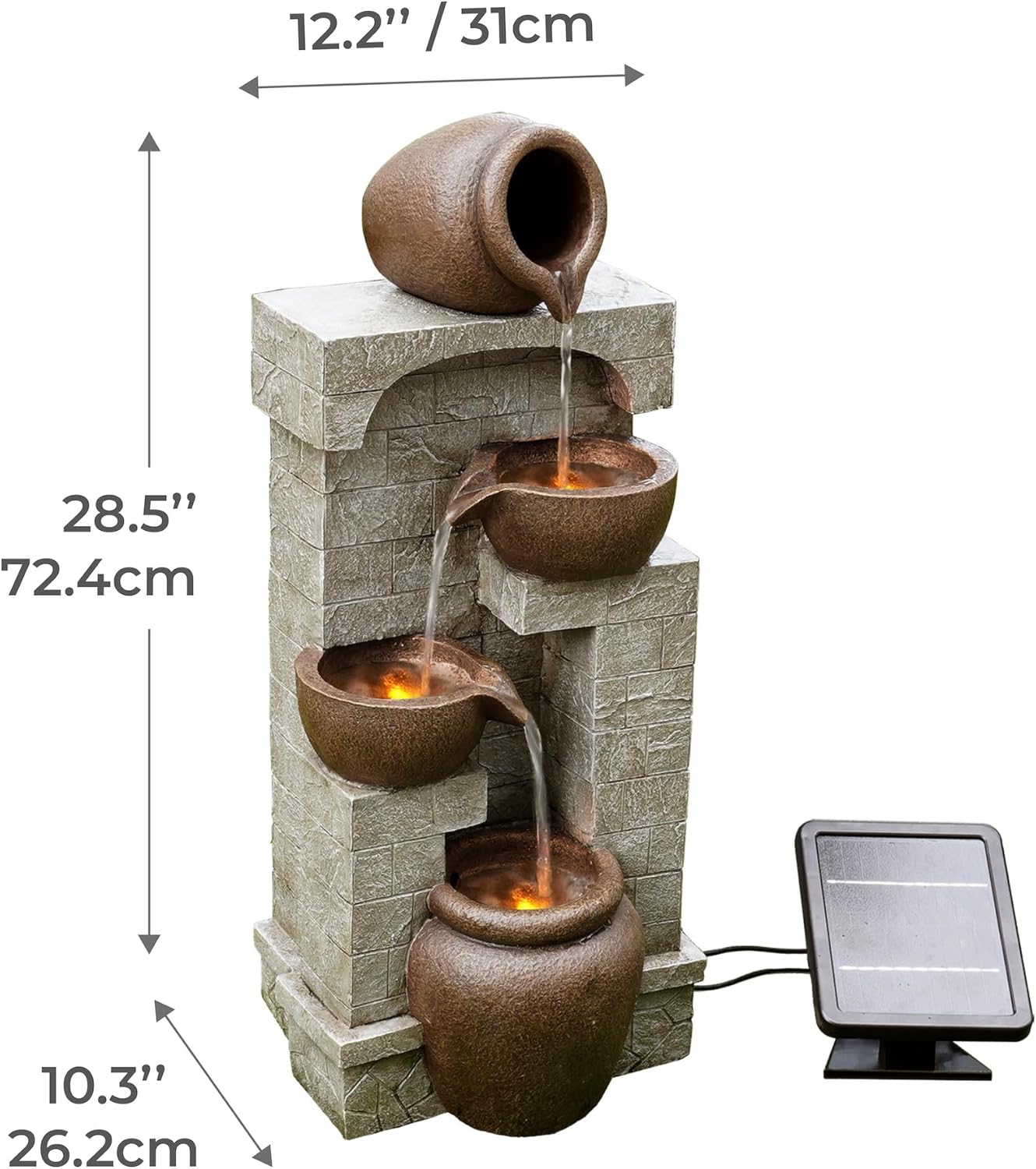 Teamson Home 28 in. Cascading Bowls and Stacked Stones LED Outdoor Water Fountain for Outdoor Living Spaces to Create a Calming Oasis in Gardens and Landscaping, on Patios, Balconies, Lawns, Brown