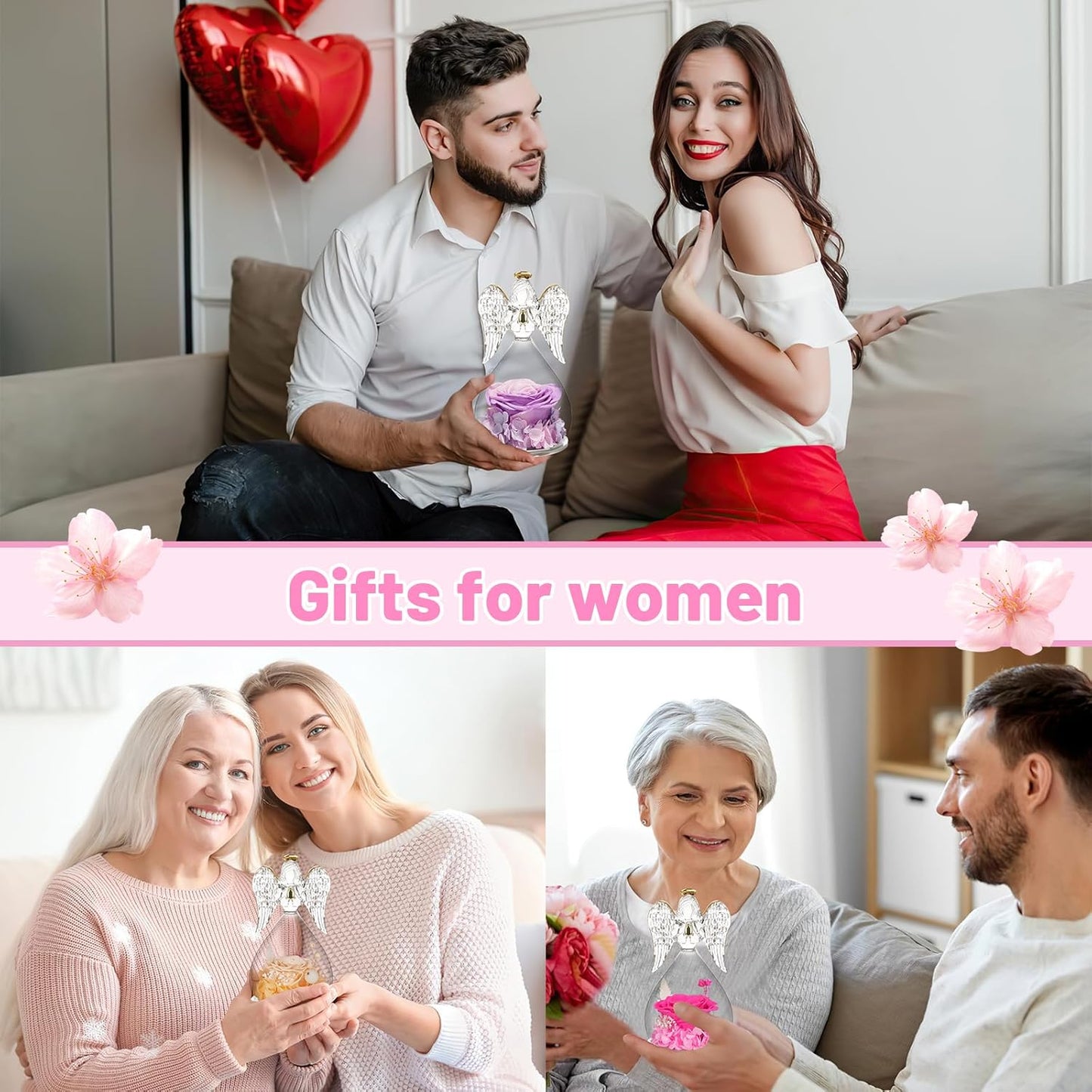 Yamonic for Mom, Moms Birthday Gifts for Women Grandma, Angel Figurines with Preserved Real Flowers Rose for Mothers Day, Wife Anniversary, Valentine's Day Gifts for Her(Pink+Purple)