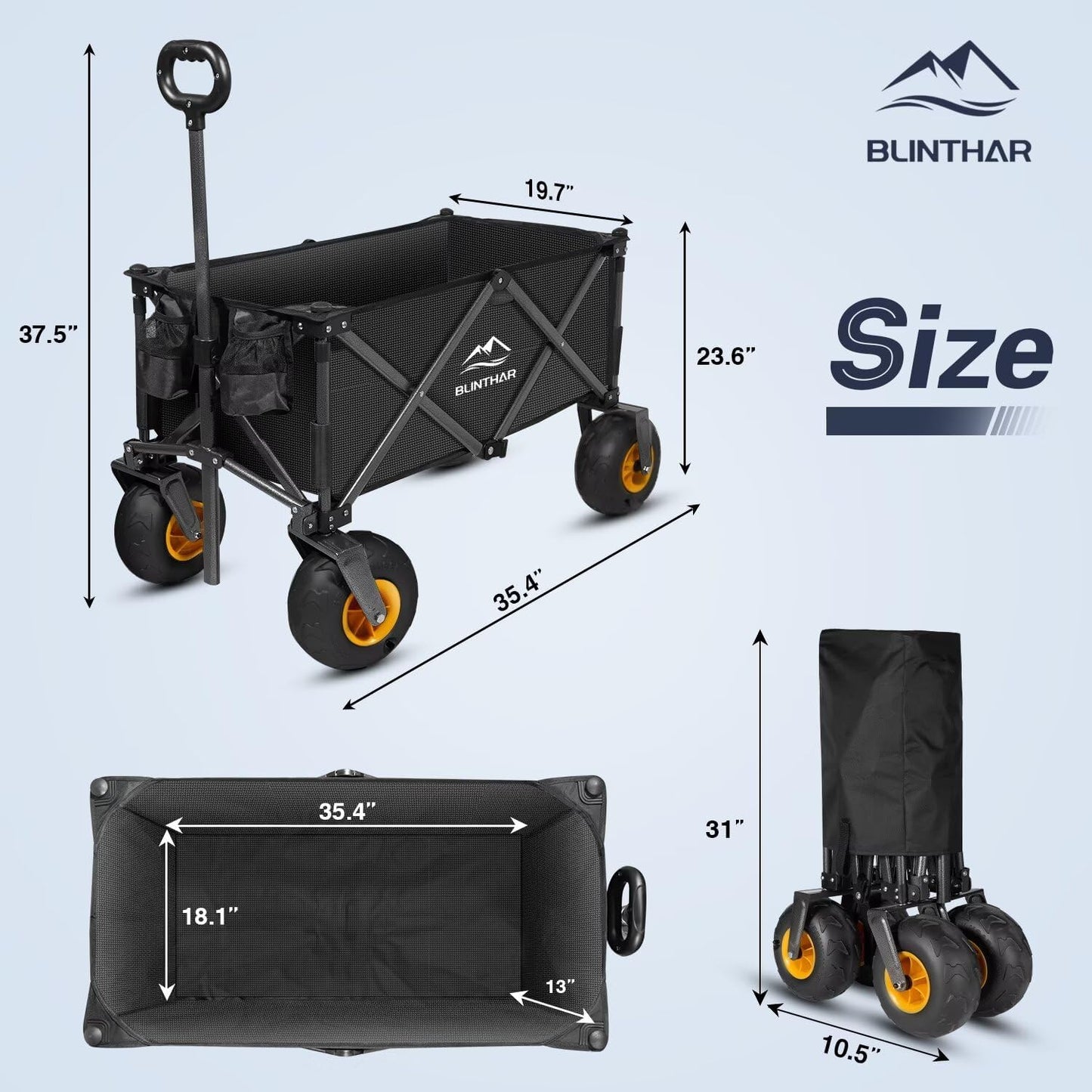 Beach Wagon with Big Wheels for Sand, Heavy Duty Collapsible Folding Wagon with All-Terrain 9" Pneumatic Tires & Drink Holders, Utility Wagon for Garden Sports Camping Outdoor Activities