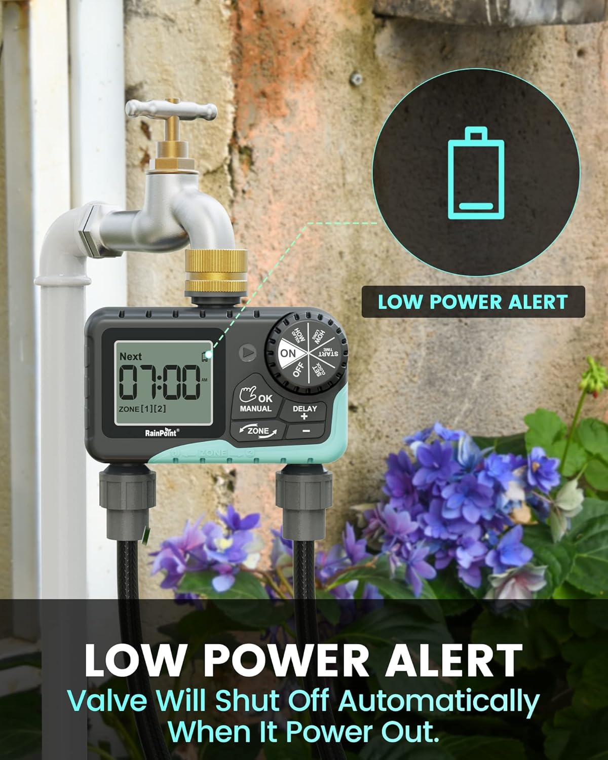 RAINPOINT Sprinkler Timer 2 Outlet, Water Timer for Garden Hose, Drip Irrigation Timer for Yard Outdoor Watering, Rain Delay/Manual/Automatic System Controller Brass Inlet, V2