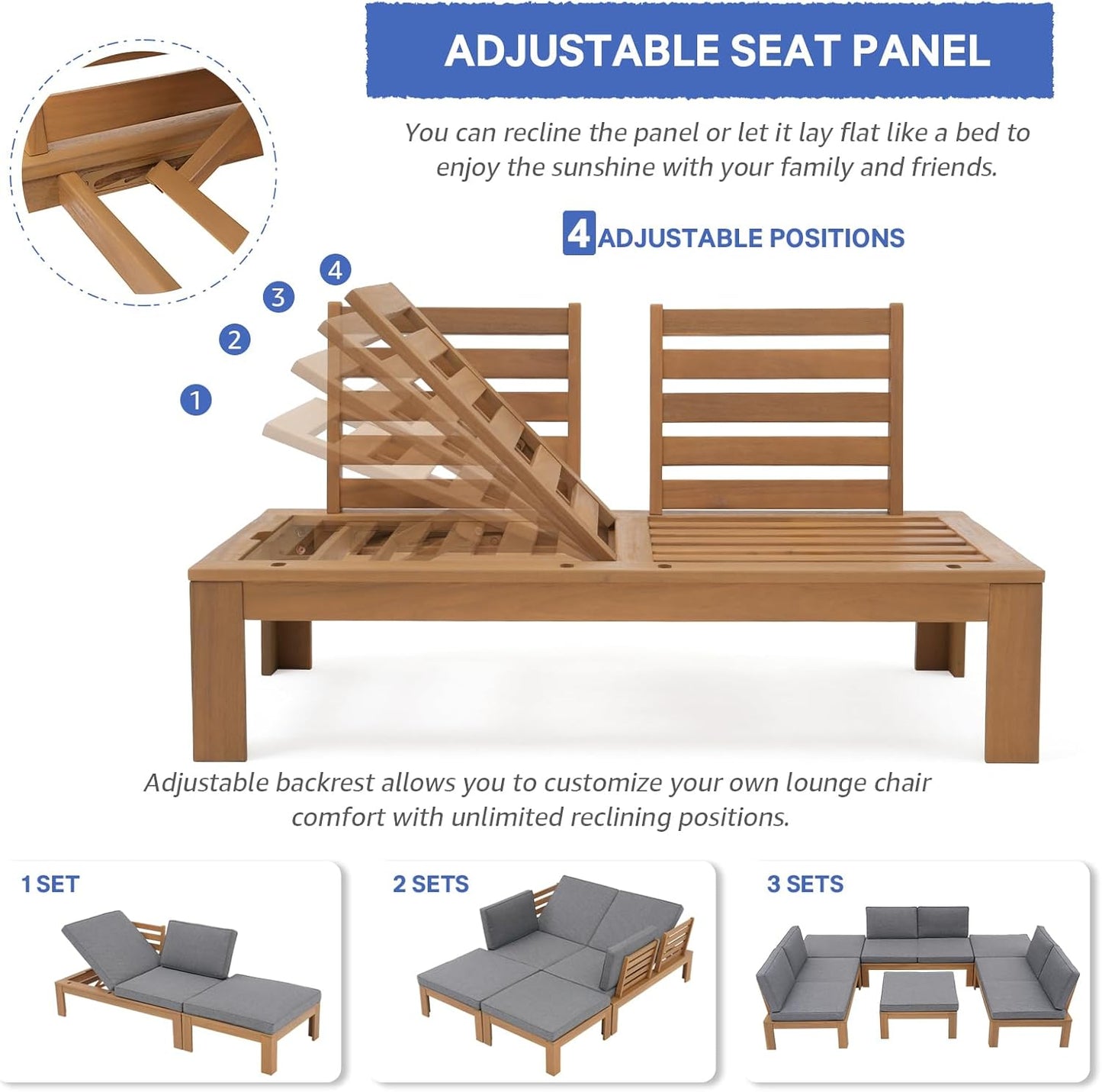 SUNSITT 6 Piece Acacia Wood Patio Furniture Outdoor Sectional Sofa Set with Adjustable Armrest, FSC Certified L-Shaped Patio Set w/2-in-1 Coffee Table, Grey Cushions