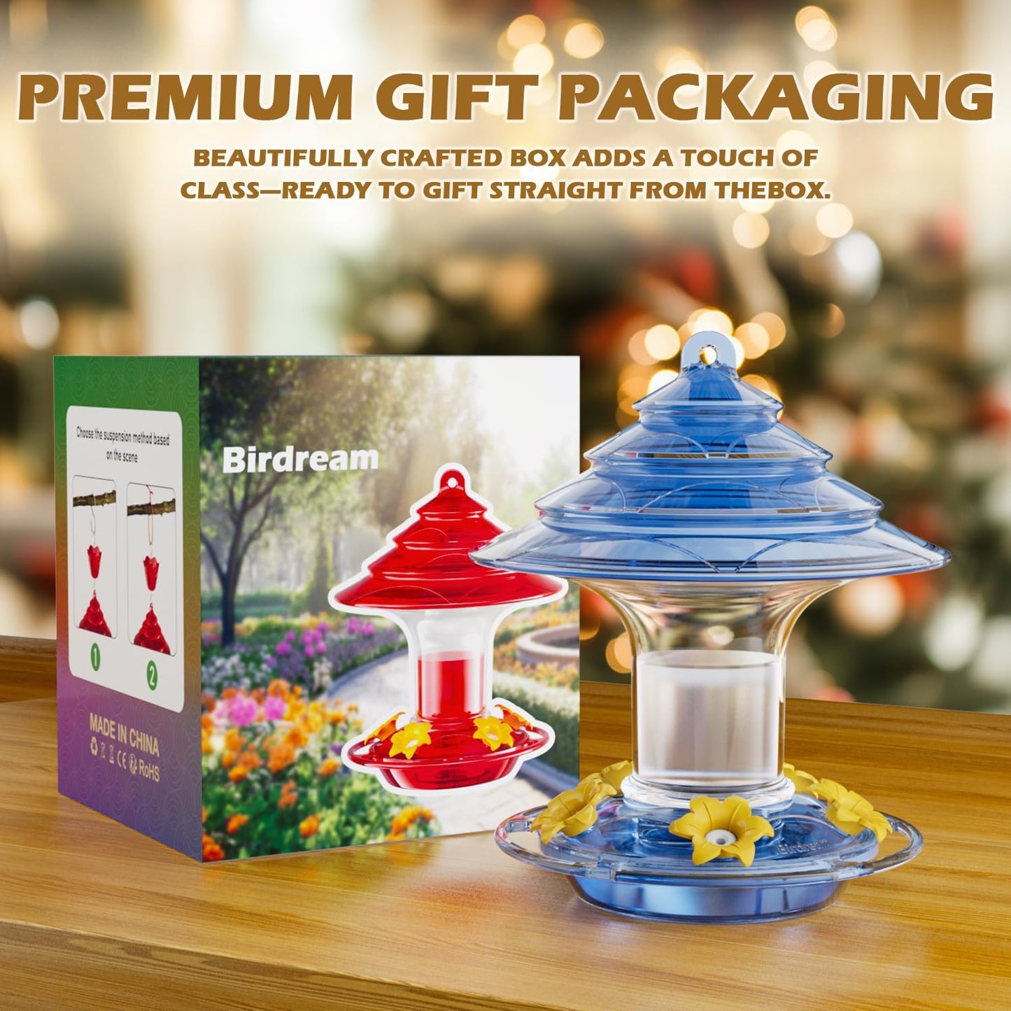 Birdream Hummingbird Feeder for Outdoors Hanging 40oz 10 Feeding Ports, 2 Pack Humming Bird Feeder with Ant Moat Brush Leak Proof - Blue