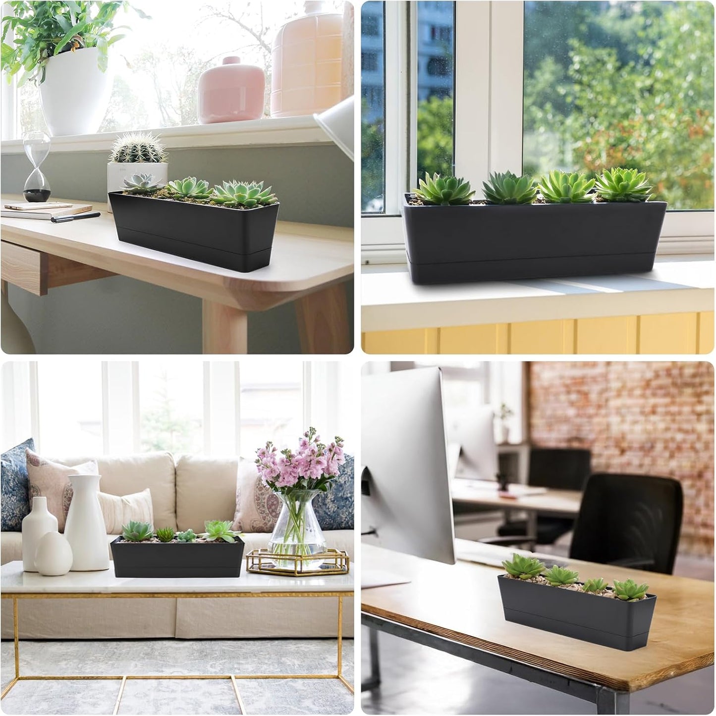 GREANER 3PCS 16x3.8 Inch Window Boxes Planters, Black Rectangle Planters Box with Drainage Holes and Trays, Herb Succulents Flowers Plastic Pot for Windowsill, Garden, Balcony, Indoor, Outdoor Decor