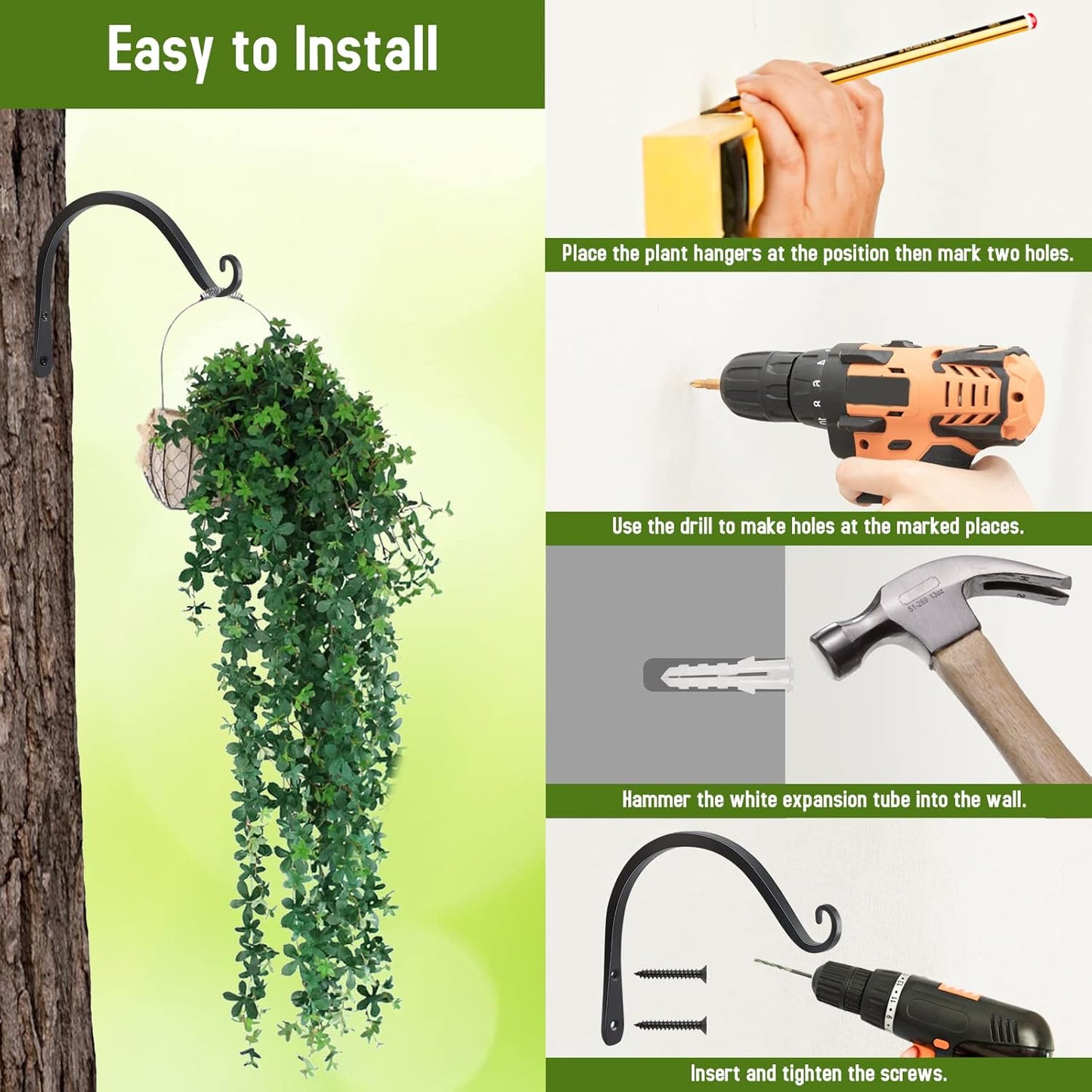 FEED GARDEN 2 Pack 8 Inch Hanging Plant Bracket Wall Hooks Decorative Plant Hangers for Outdoor Hanging Bird Feeders, Wind Chimes, Plant Baskets, Black