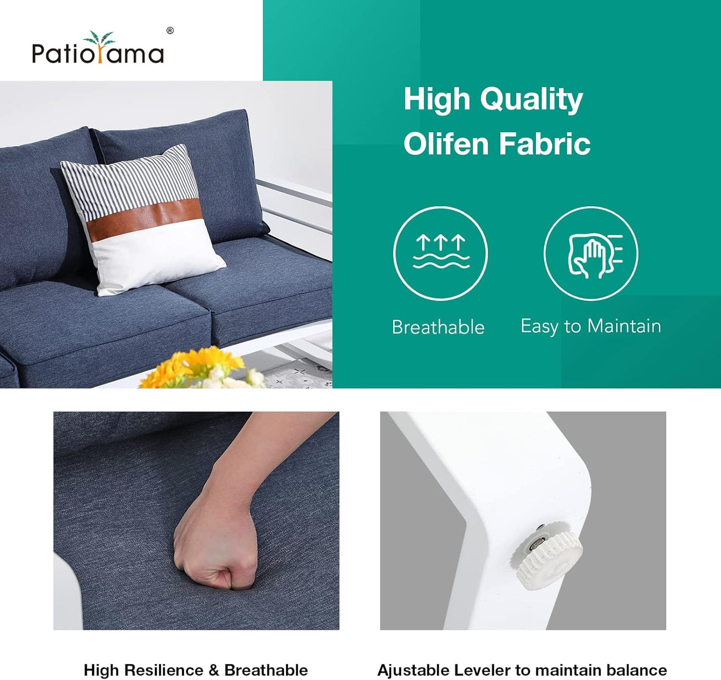 Patiorama Aluminum Patio Furniture Set, Outdoor Patio Loveseat, 2 Seat Sofa Couch, All Weather White Metal Chair with Olefin Cushion, Deep Seating, 600 lbs Capacity, Deck, Garden-Blue Cushion