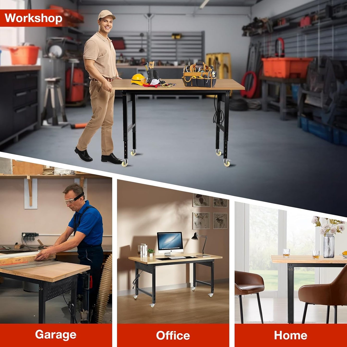 Height Adjustable Workbench with Wheels 60”×22” Heavy Duty Work Table 2000 LBS Capacity Rolling Work Table Rubber Wood Work Station with Power Outlet & Pegboard for Garage, Office, Workshop, Home