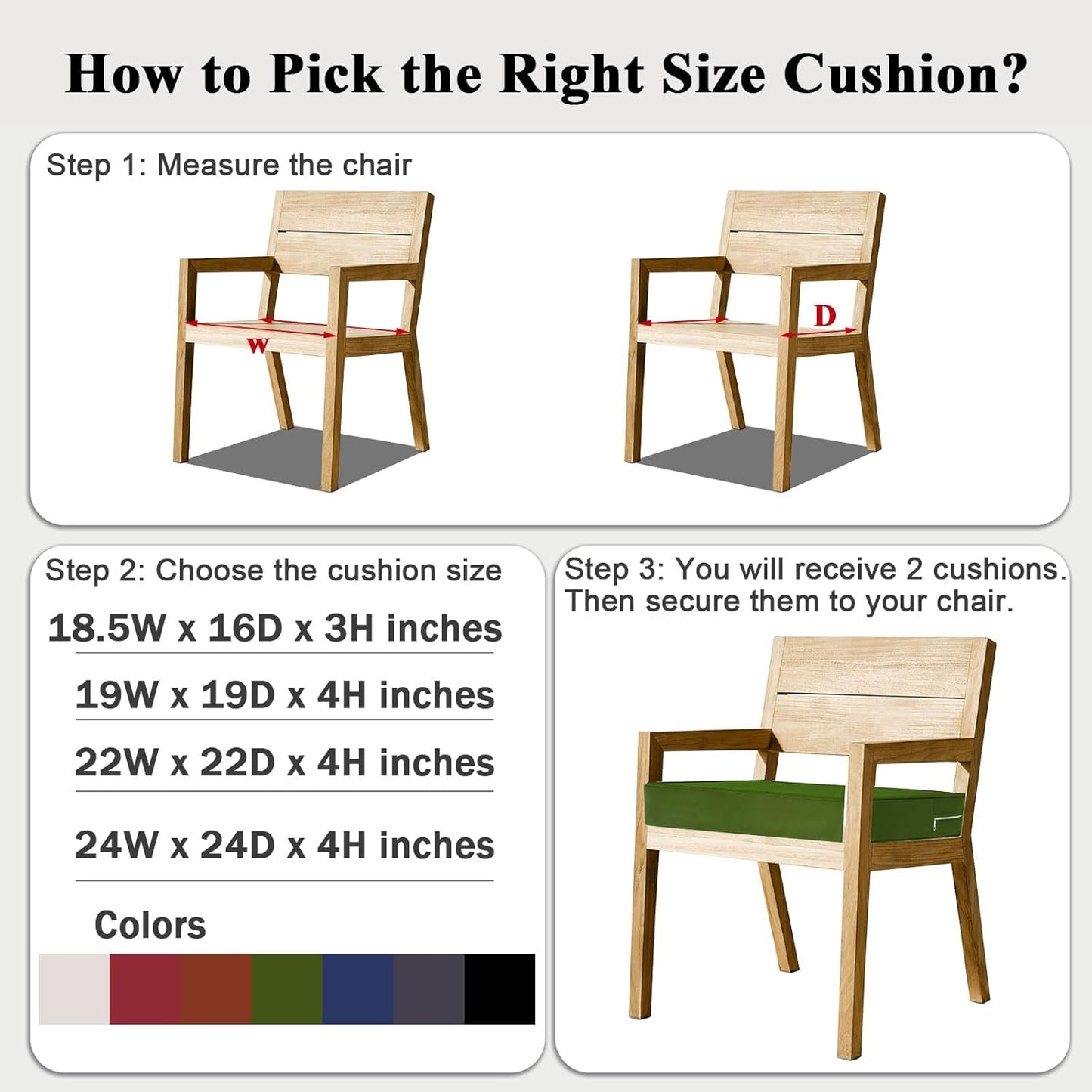 Outdoor Chair Cushions Set of 2 for Patio Furniture 18.5x16x3 Inch Waterproof Patio Chair Cushion 3 Year Color Fastness Rectangle Elastic Foam Garden Couch Pads with Ties and Handle,Green