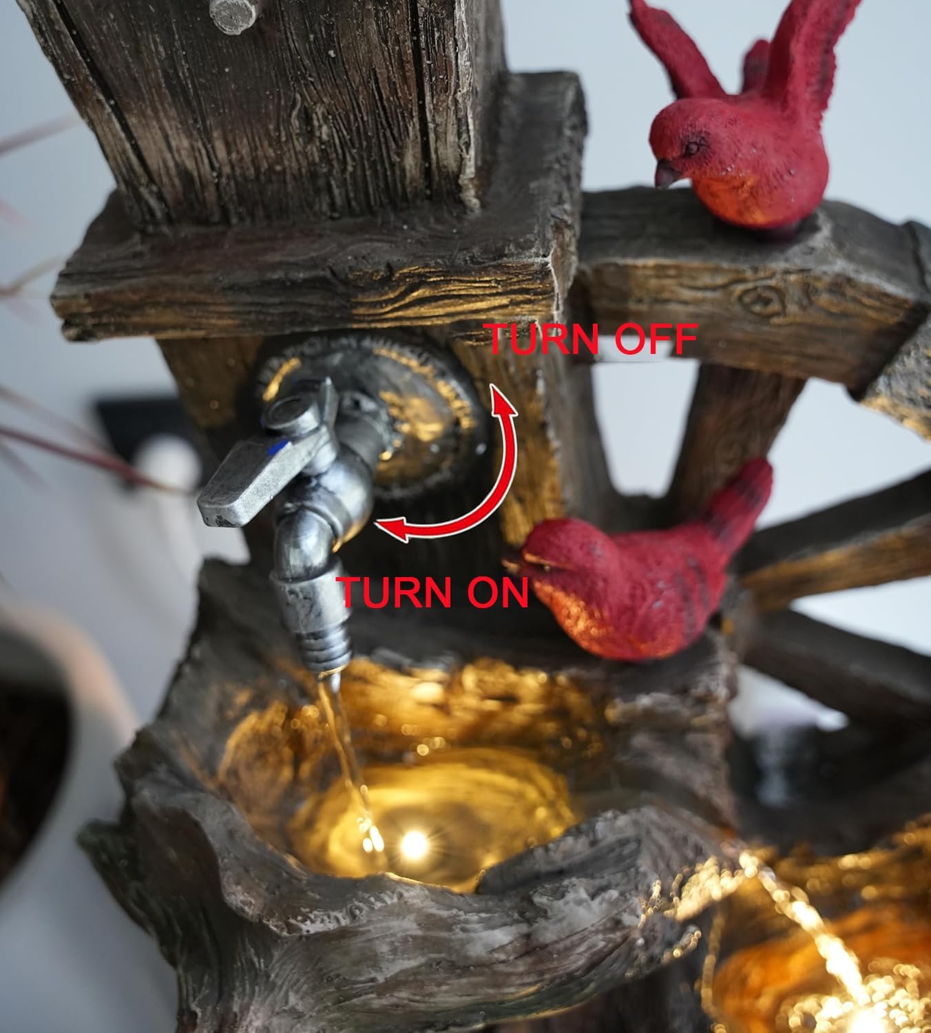 Decorative Garden Birdhouse Three Tier Water Fountain Outdoor with LED Lights and Water Wheel