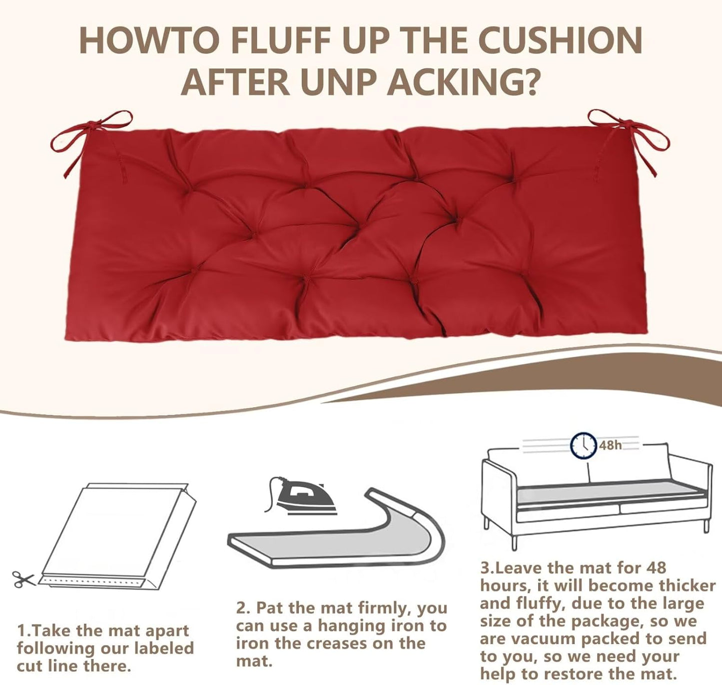 47.3 in Waterproof Indoor/Outdoor Garden Bench Seat Cushions,Thicken Patio Bench Soft Rocking Chairs Pad Lounger Seat for Wicker Loveseat Settee(47.3 X 19.6 X 3.9 inch,Red )